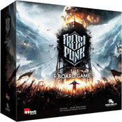 A Frostpunk: The Board Game társasjáték dobozának eleje, amelyen egy hatalmas gőzgenerátor magasodik a fagyott, apokaliptikus táj felett, a doboz közepén a Frostpunk logóval és a The Board Game felirattal