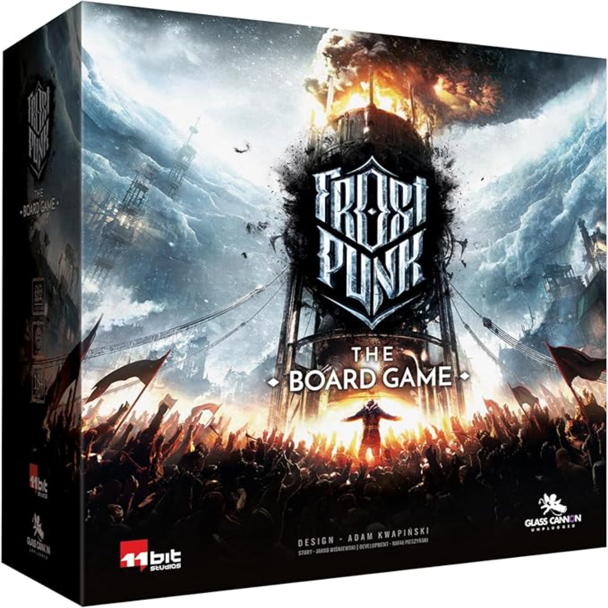 A Frostpunk: The Board Game társasjáték dobozának eleje, amelyen egy hatalmas gőzgenerátor magasodik a fagyott, apokaliptikus táj felett, a doboz közepén a Frostpunk logóval és a The Board Game felirattal