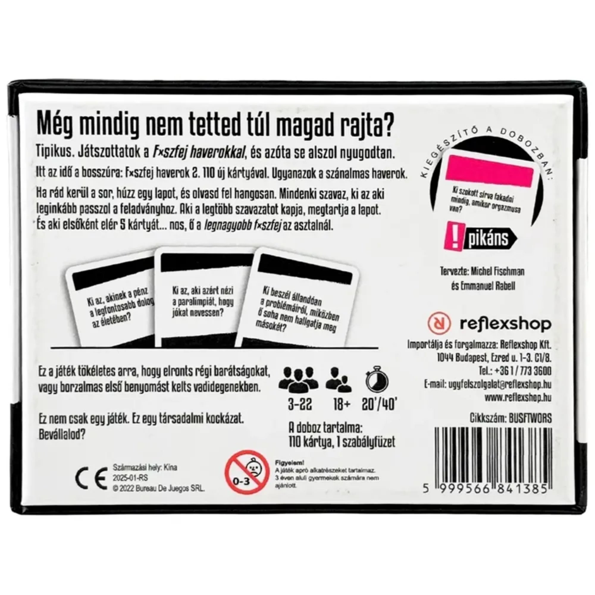 Fxszfej haverok 2 társasjáték dobozának hátoldala, részletes játékleírással, szabályismertetővel, korhatár- és játékosszám-jelöléssel, kártyapéldákkal.