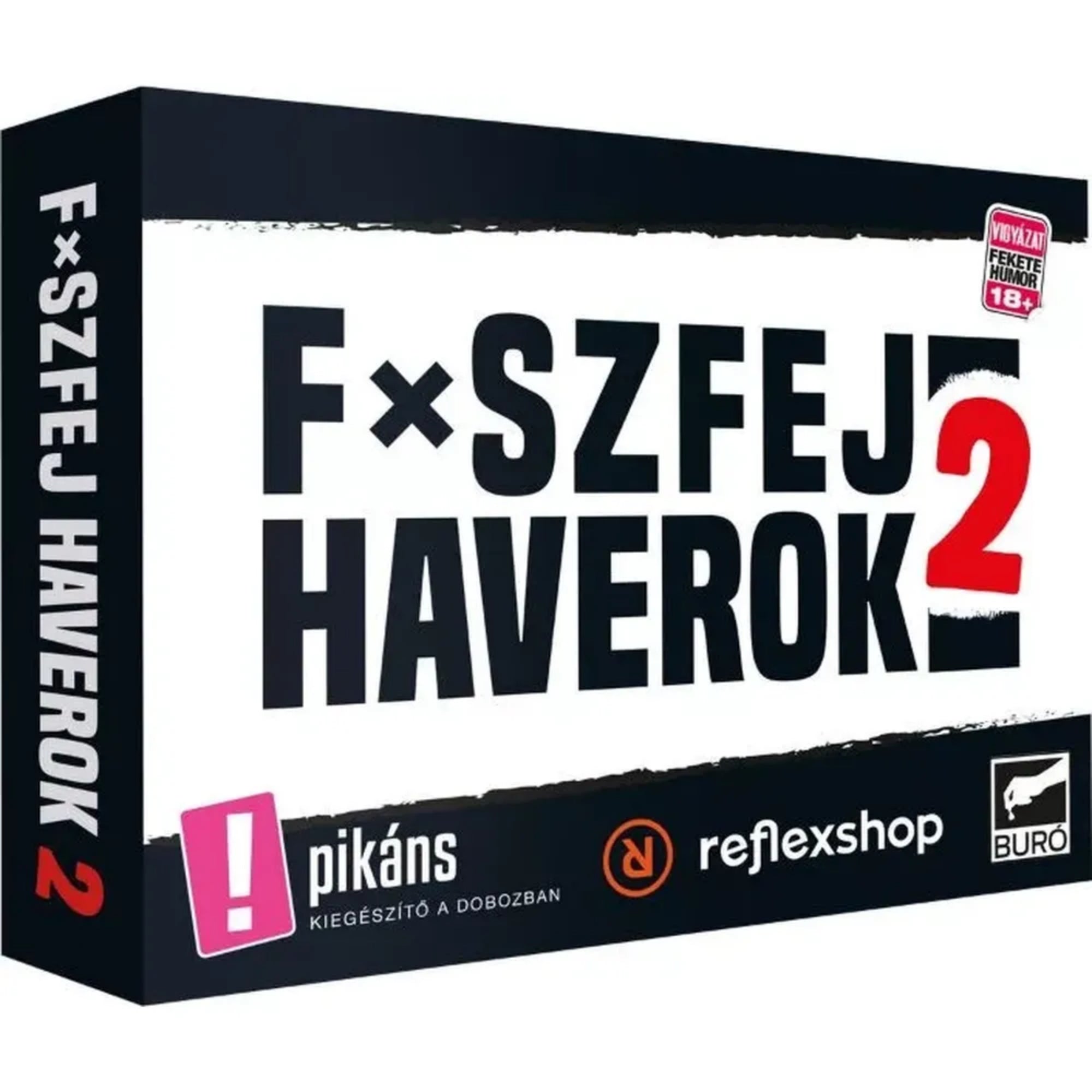 Fxszfej haverok 2 magyar nyelvű társasjáték doboza perspektívából, nagy „2” számmal, Reflexshop és BuRó logóval, fekete háttéren fehér felirattal.