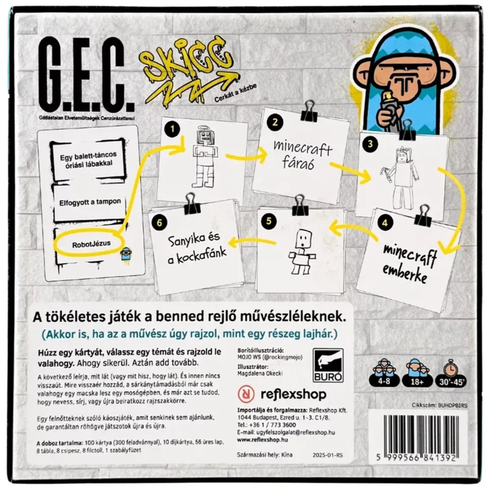 G.E.C. – Skicc társasjáték dobozának hátoldala, lépésről lépésre bemutatott rajzolós játékmenettel, példafeladványokkal és humoros illusztrációkkal.