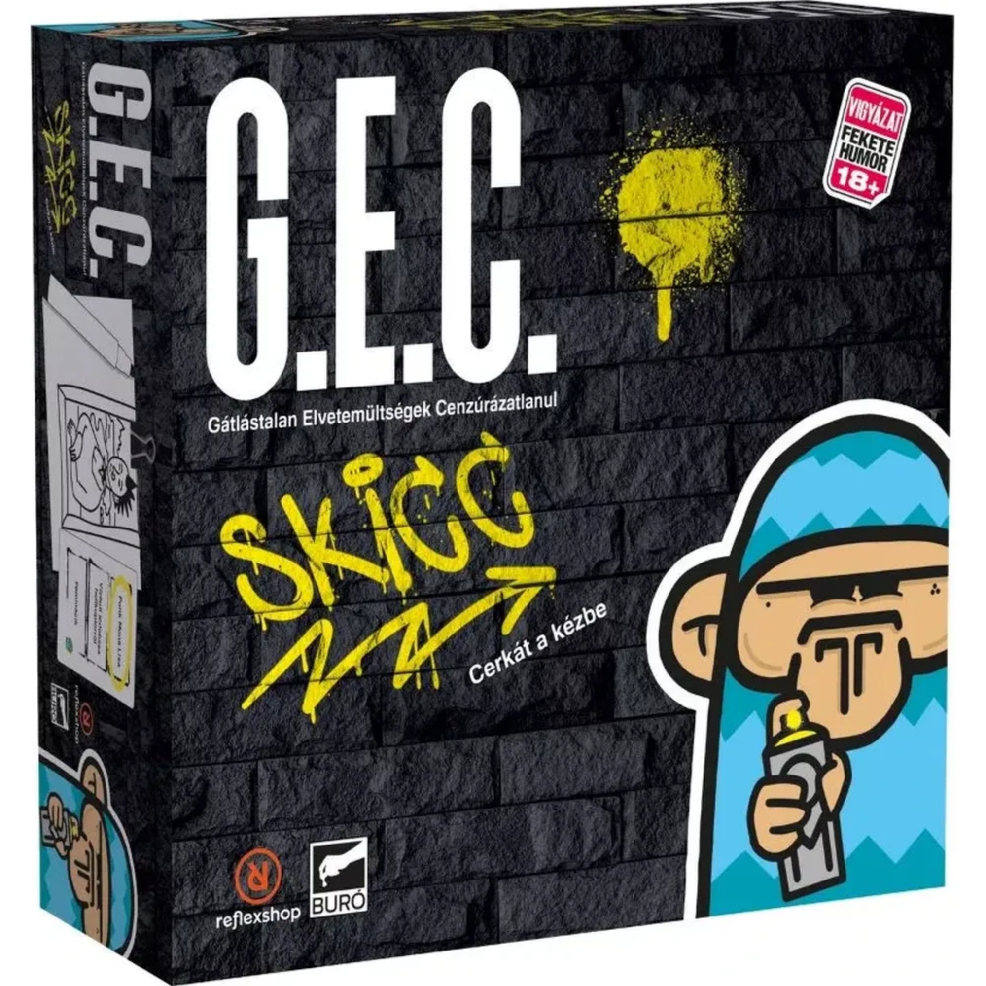 G.E.C. – Skicc magyar nyelvű társasjáték doboza oldalnézetből, fekete téglafal mintás háttérrel, sárga graffiti felirattal és sprayt tartó rajzolt figurával.