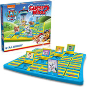 A Guess Who? Paw Patrol társasjáték doboza és játéktáblája, amely a játék színes és szórakoztató elemeit mutatja be.