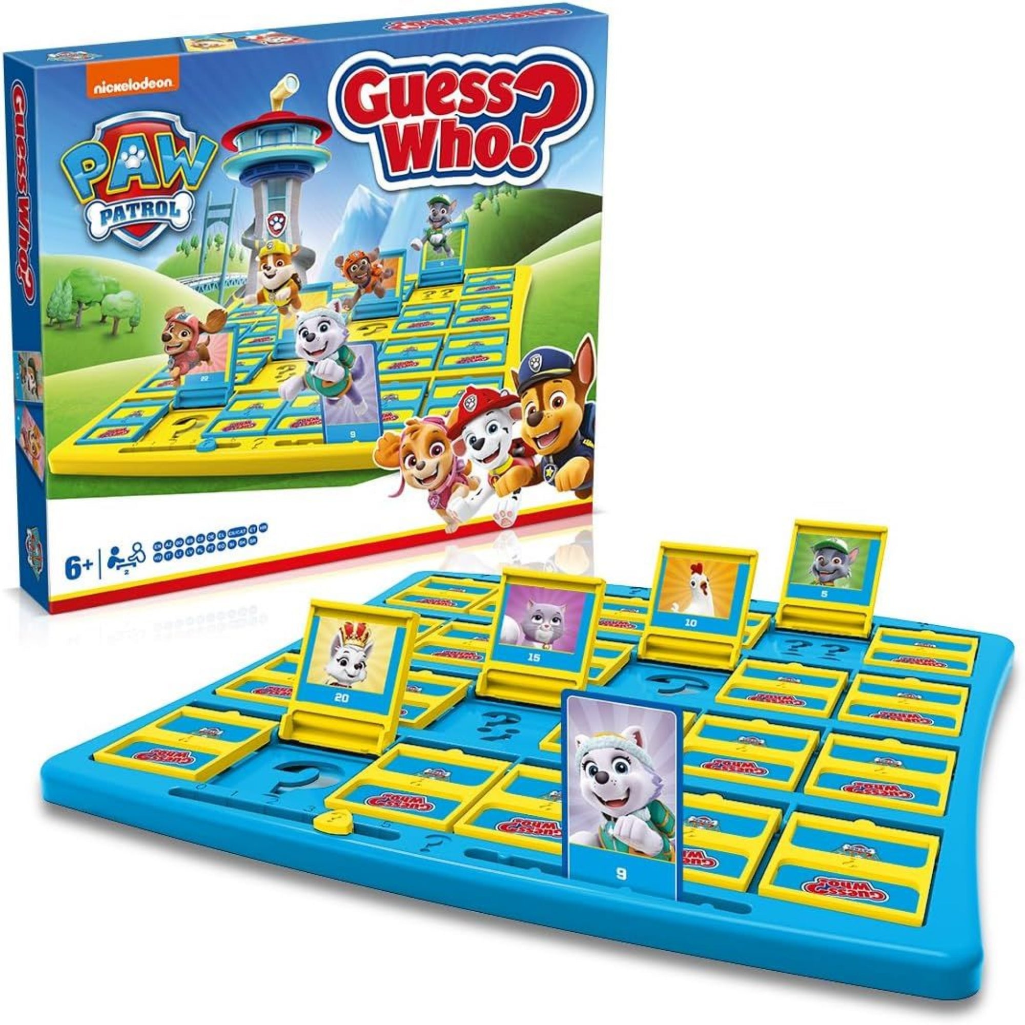 A Guess Who? Paw Patrol társasjáték doboza és játéktáblája, amely a játék színes és szórakoztató elemeit mutatja be.