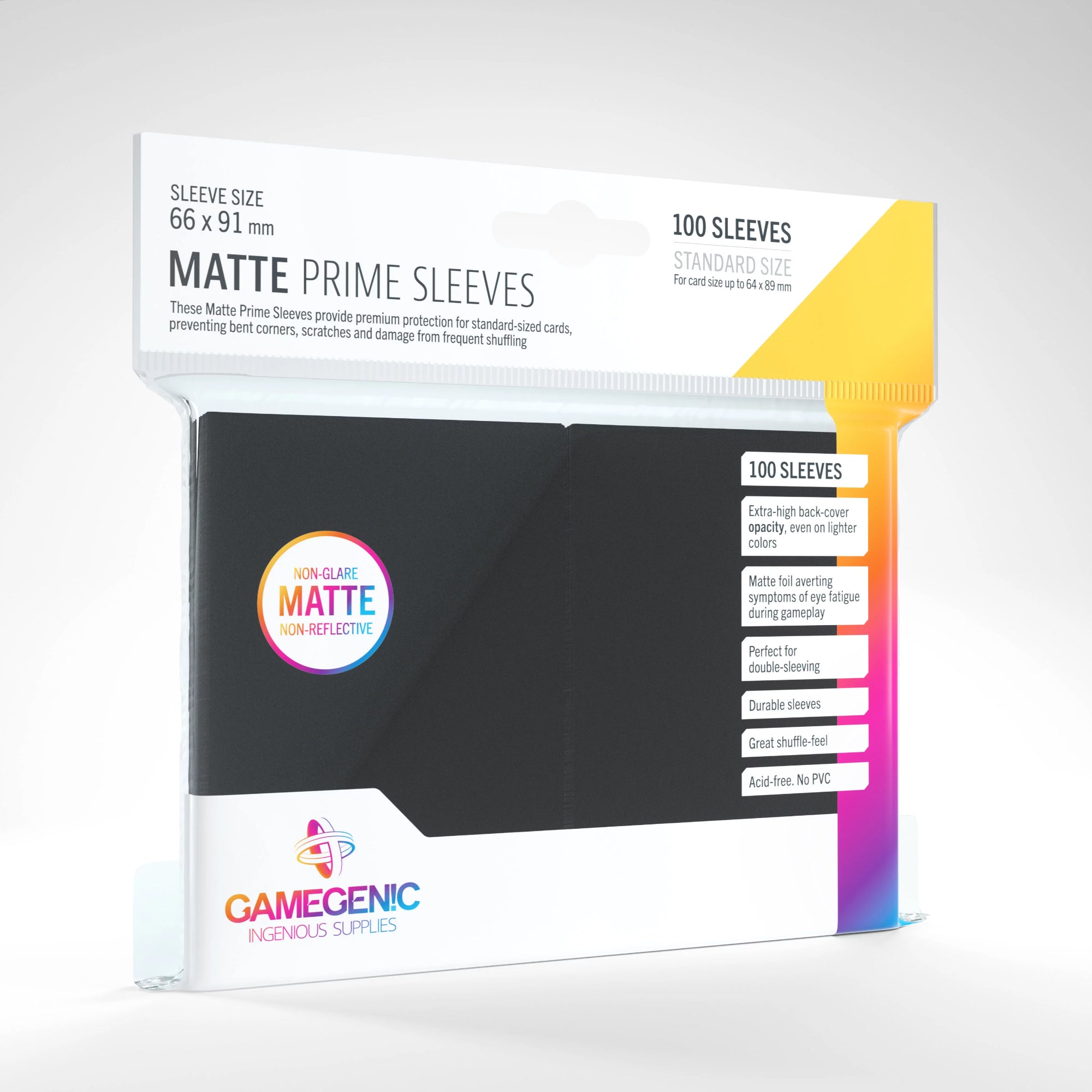 Gamegenic Matte Prime fekete standard kártyavédő – 100 darabos, matt felületű, prémium minőségű kártyavédő szett fekete hátlappal, standard méretű kártyákhoz.