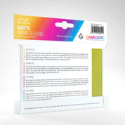 Gamegenic Matte Prime zöld (lime) standard kártyavédő hátoldala – a csomagolás hátlapja négy nyelven (német, francia, spanyol, olasz) ismerteti a sleeve előnyeit, mint például a magas fedőképesség, matt fólia és dupla sleeveléssel való kompatibilitás.