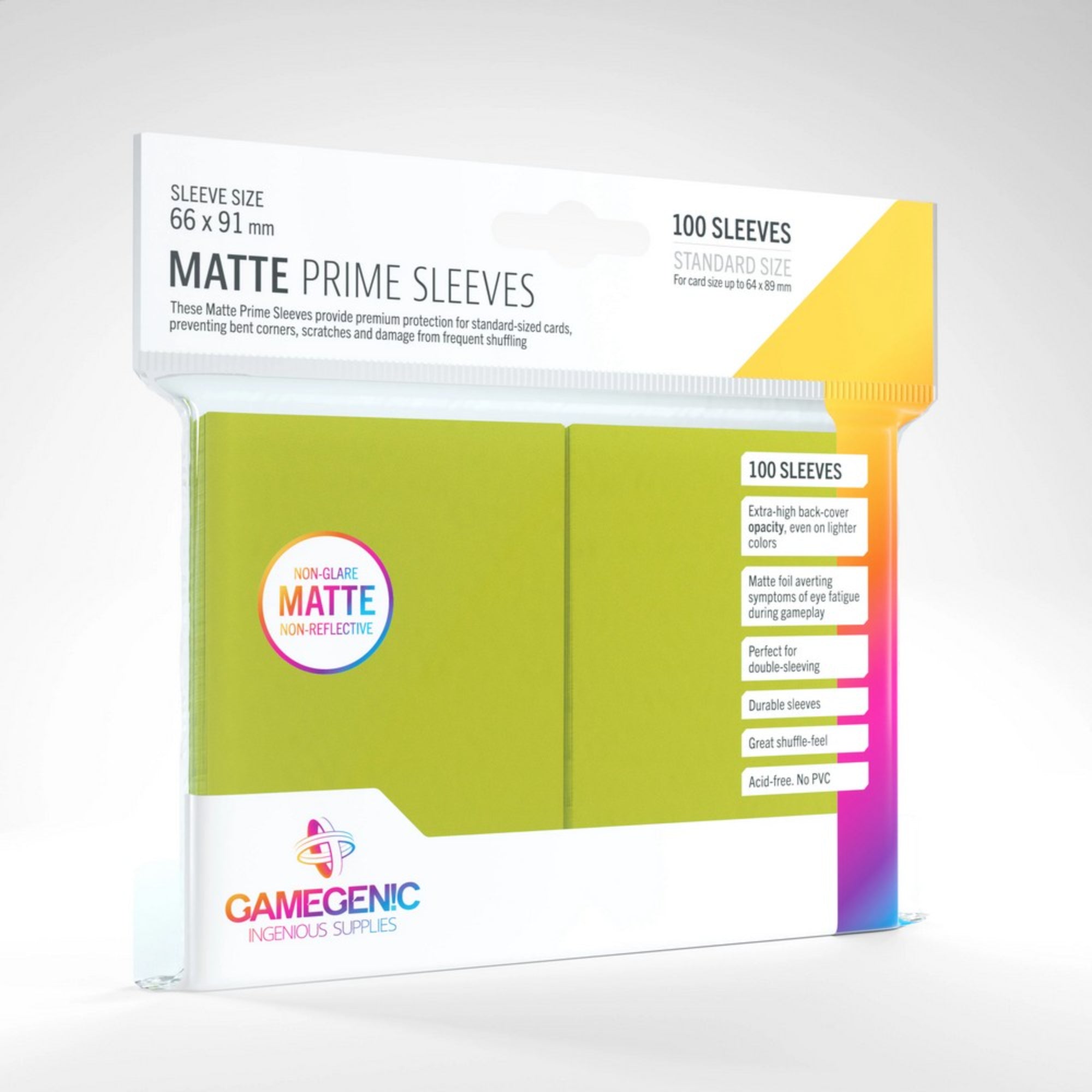 Gamegenic Matte Prime zöld (lime) standard méretű kártyavédő sleeve (100 db) – 66×91 mm-es, matt felületű, nem tükröződő lime színű kártyavédők, prémium védelem a kártyák élettartamának meghosszabbítására.