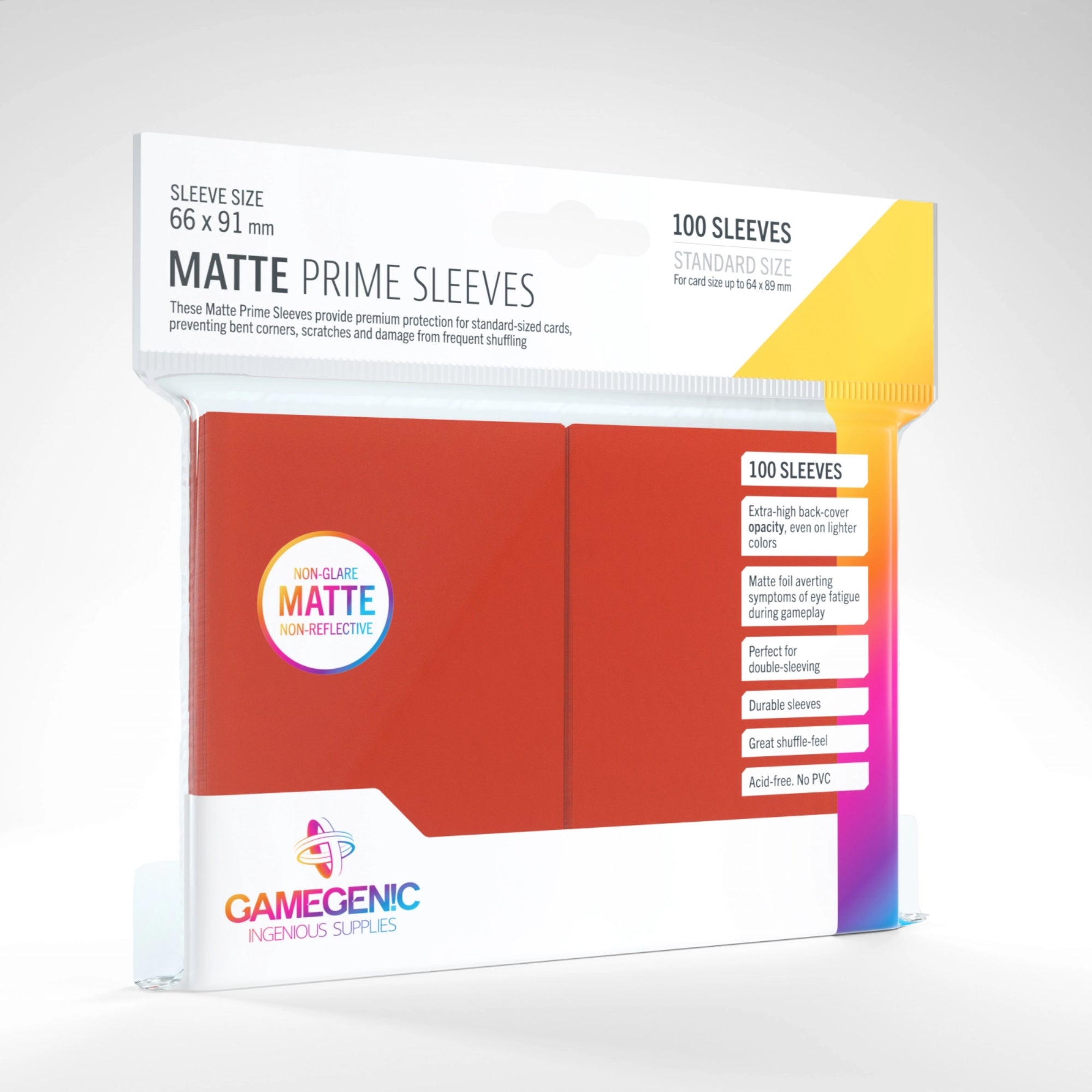 Gamegenic Matte Prime piros standard kártyavédő – 100 darabos, prémium minőségű, matt felületű kártyavédő csomag, piros színű hátlappal, standard méretű kártyákhoz.