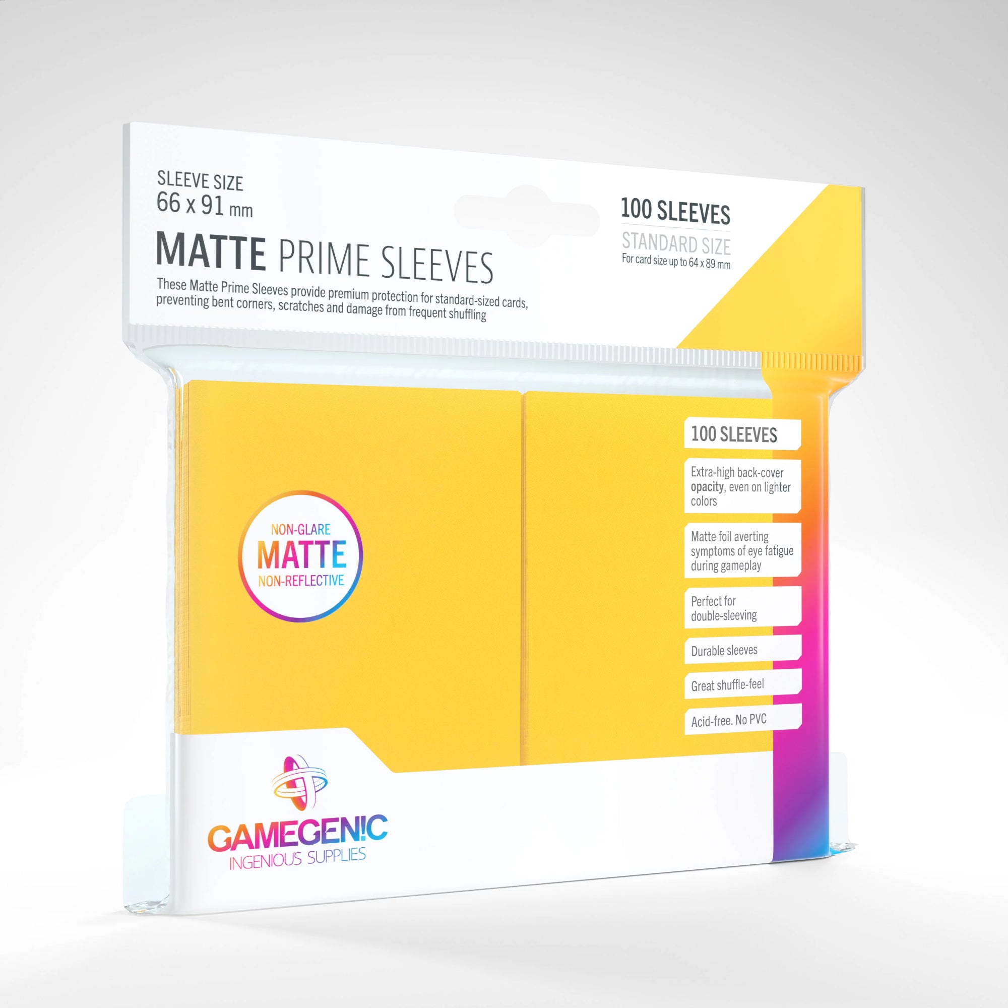 Gamegenic Matte Prime sárga standard méretű kártyavédő sleeve (100 db) – 66×91 mm-es, nem tükröződő, matt felületű sárga kártyavédők, prémium védelem a gyakori keverés és sérülések ellen.