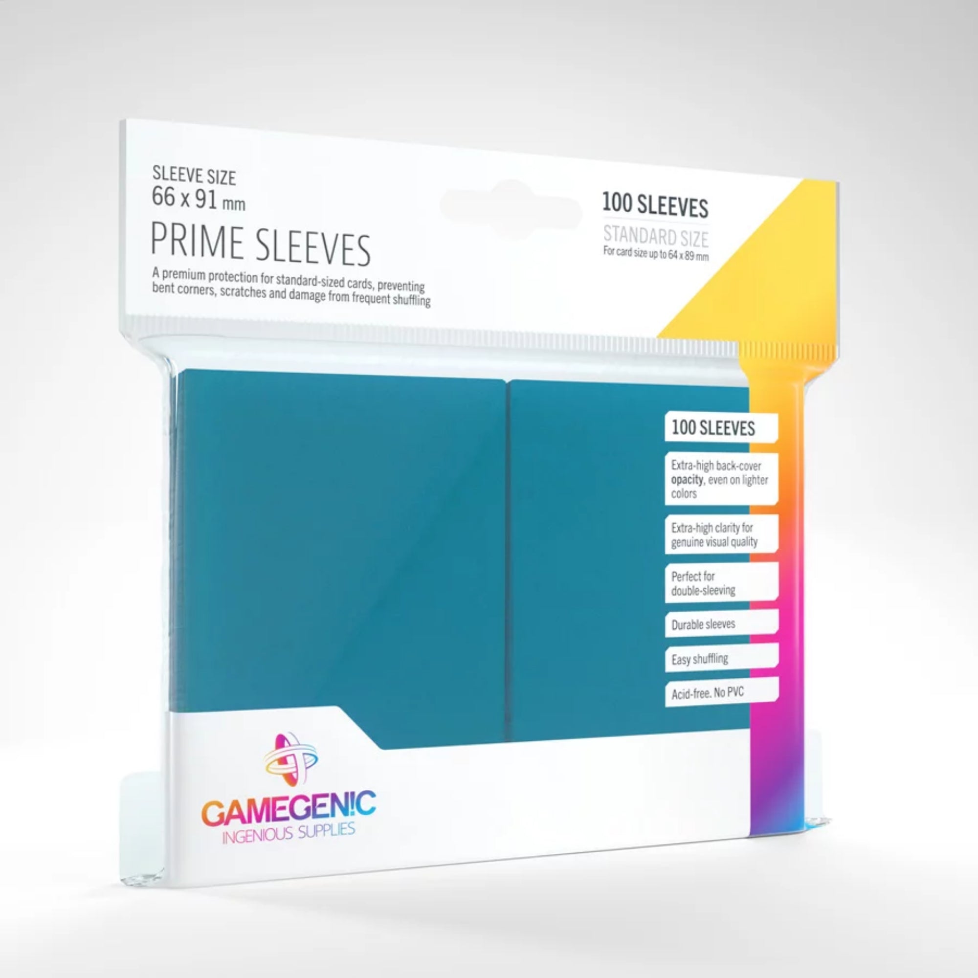 Gamegenic Prime Sleeves 100 darabos kék kártyavédő csomag – standard méretű (66 x 91 mm) prémium védőtokok, dupla védéshez is alkalmas, savmentes, tartós kivitelben.