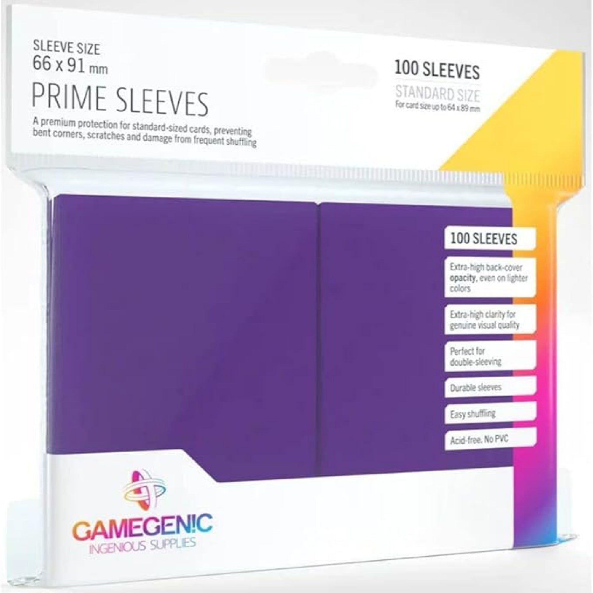 Gamegenic Prime Sleeves 100 darabos lila kártyavédő csomag – standard méretű (66 x 91 mm) prémium védőtokok, magas fedőképességgel, dupla védéshez is alkalmas, savmentes, könnyű keverést biztosító kialakítással.