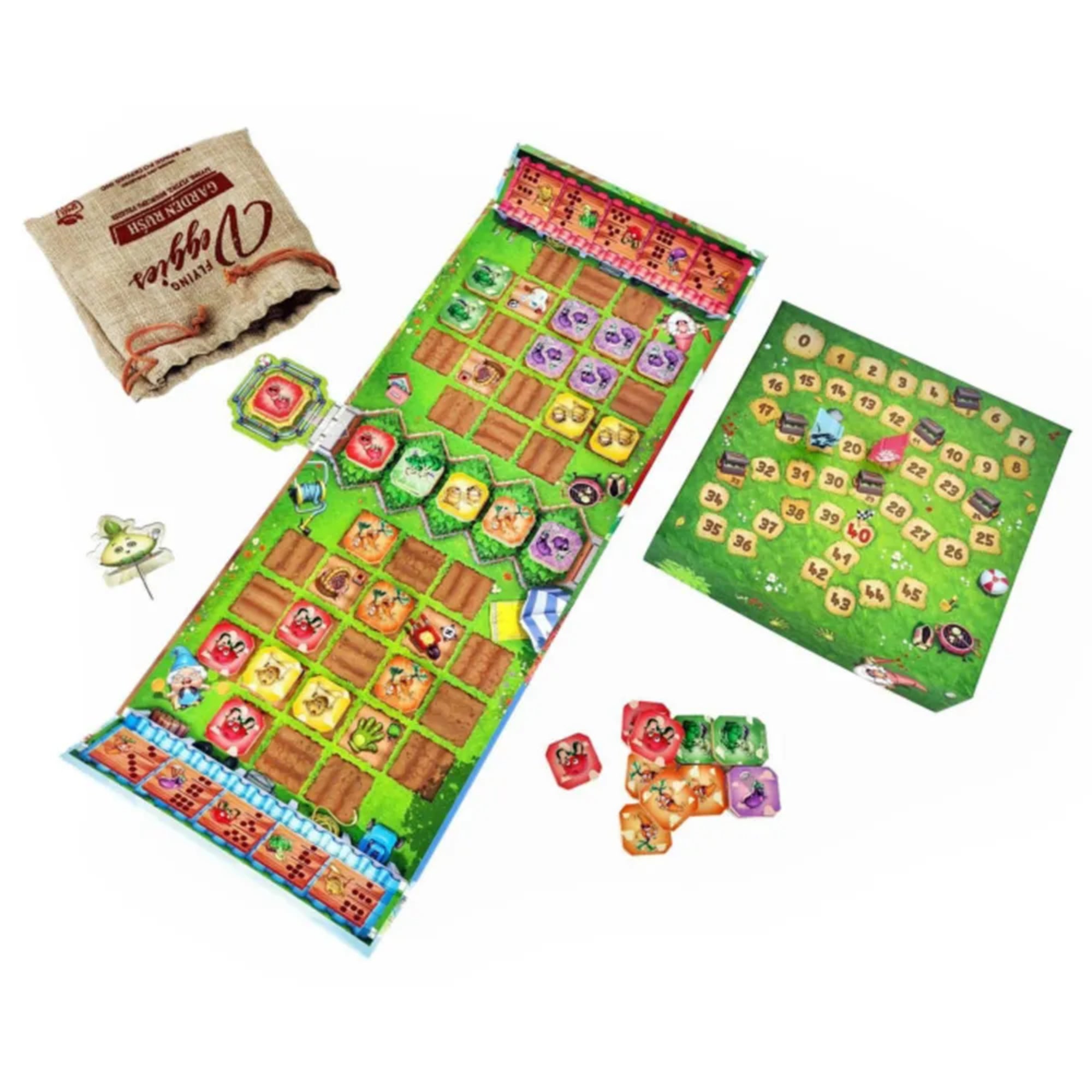 A Garden Rush társasjáték teljes játékképe az asztalon: hosszú játéktábla mezőkkel, pontozótábla, zöldséglapkák és zsák az alkatrészekkel.