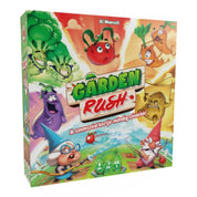 Garden Rush társasjáték színes doboza vidám, rajzfilmes zöldségfigurákkal és locsoló törpékkel, alul a játék főbb információival.