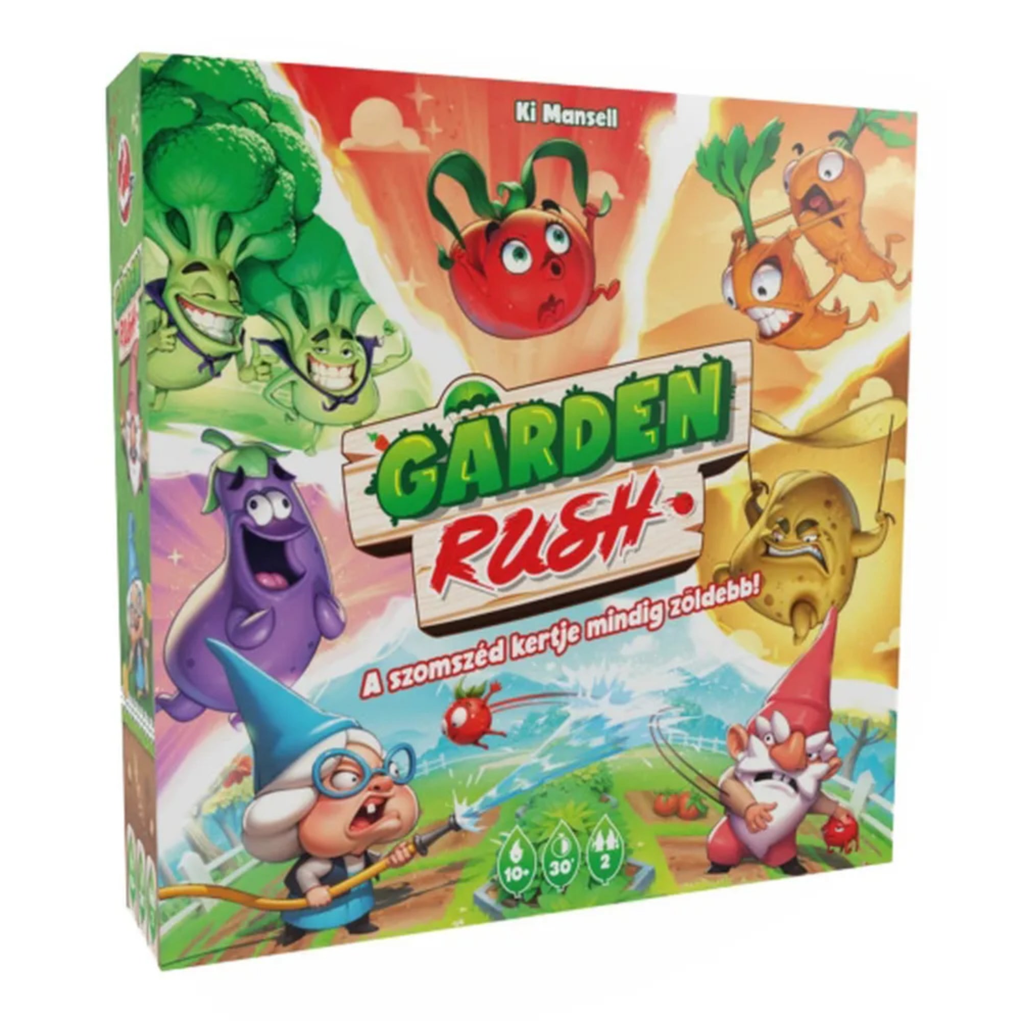 Garden Rush társasjáték színes doboza vidám, rajzfilmes zöldségfigurákkal és locsoló törpékkel, alul a játék főbb információival.