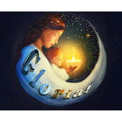 Glória társasjáték doboztető illusztráció anya és gyermeke gyertyafénynél, hold alakú keretben.