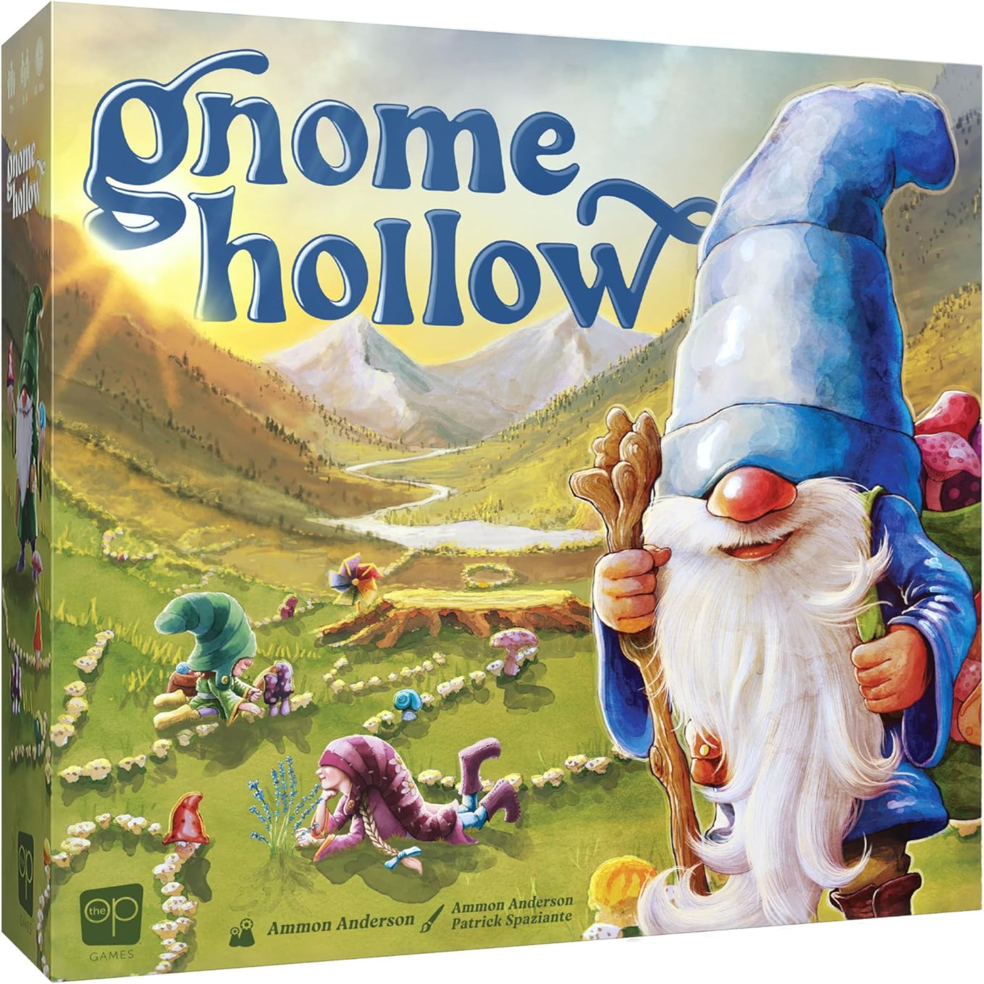  A Gnome Hollow társasjáték színes doboza egy hosszúszakállú törpével és egy virágokkal teli völggyel.