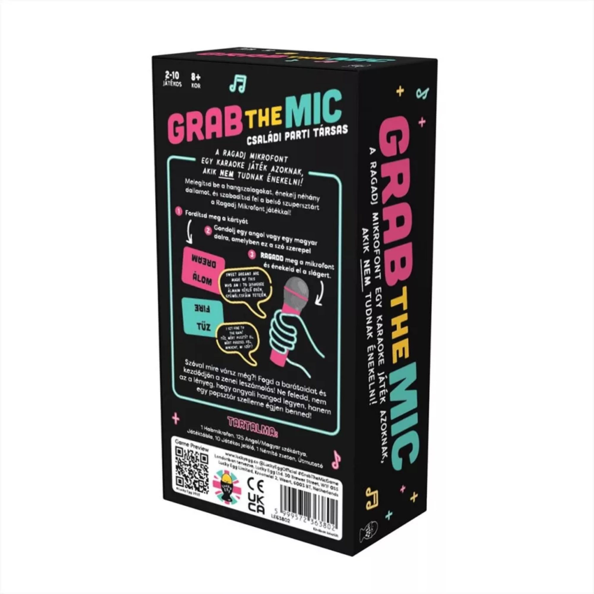 A Grab the Mic karaoke társasjáték dobozának hátoldala, játékismertetővel és mikrofonos illusztrációval.