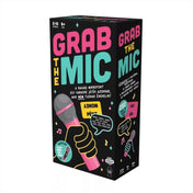 A Grab the Mic társasjáték doboza, élénk színes dizájnnal és mikrofont ábrázoló grafikával.