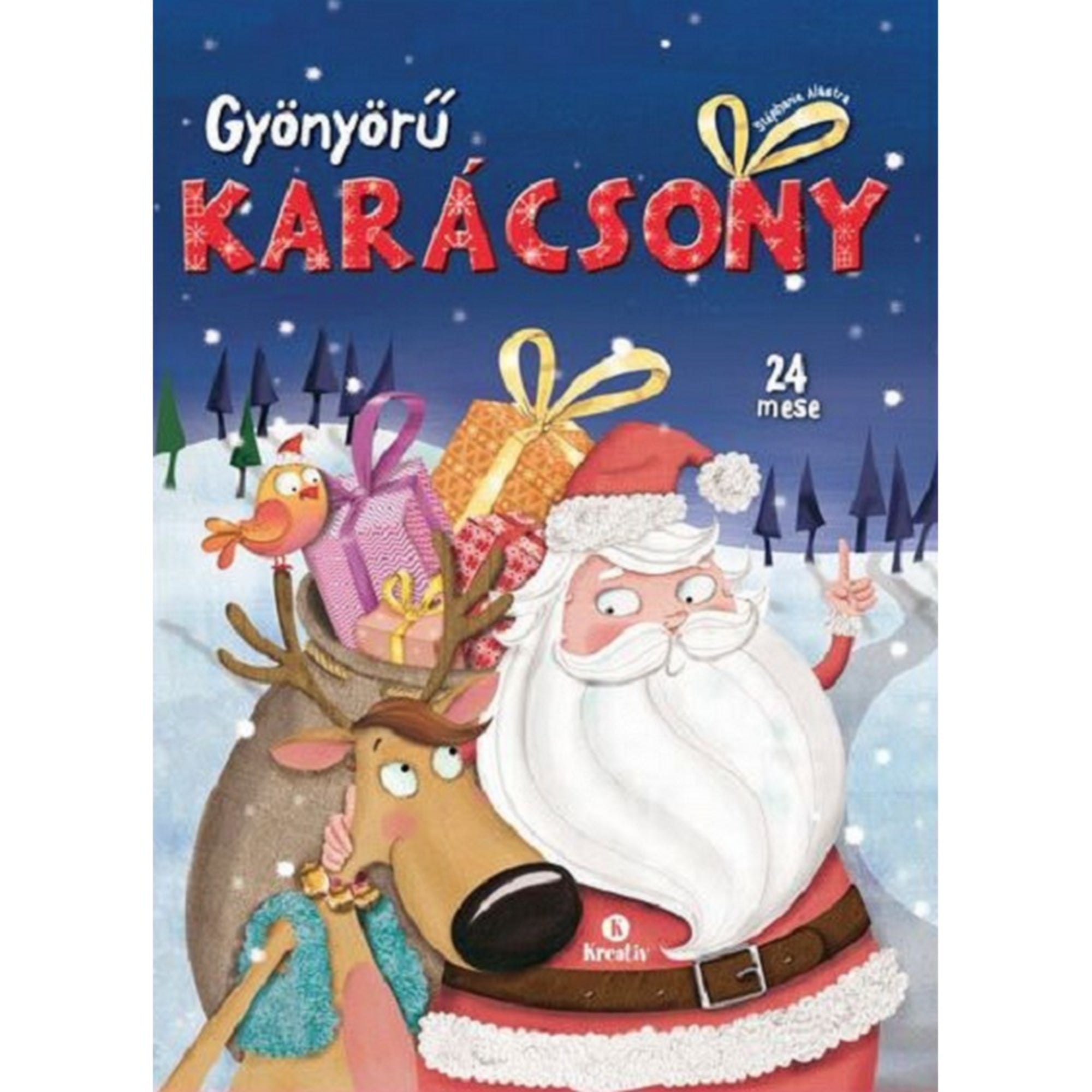 Gyönyörű karácsony – 24 mese borító: A könyv borítóján Mikulás és Rudolf látható ajándékokkal teli puttonnyal, havas tájjal és csillogó éjszakai égbolttal.