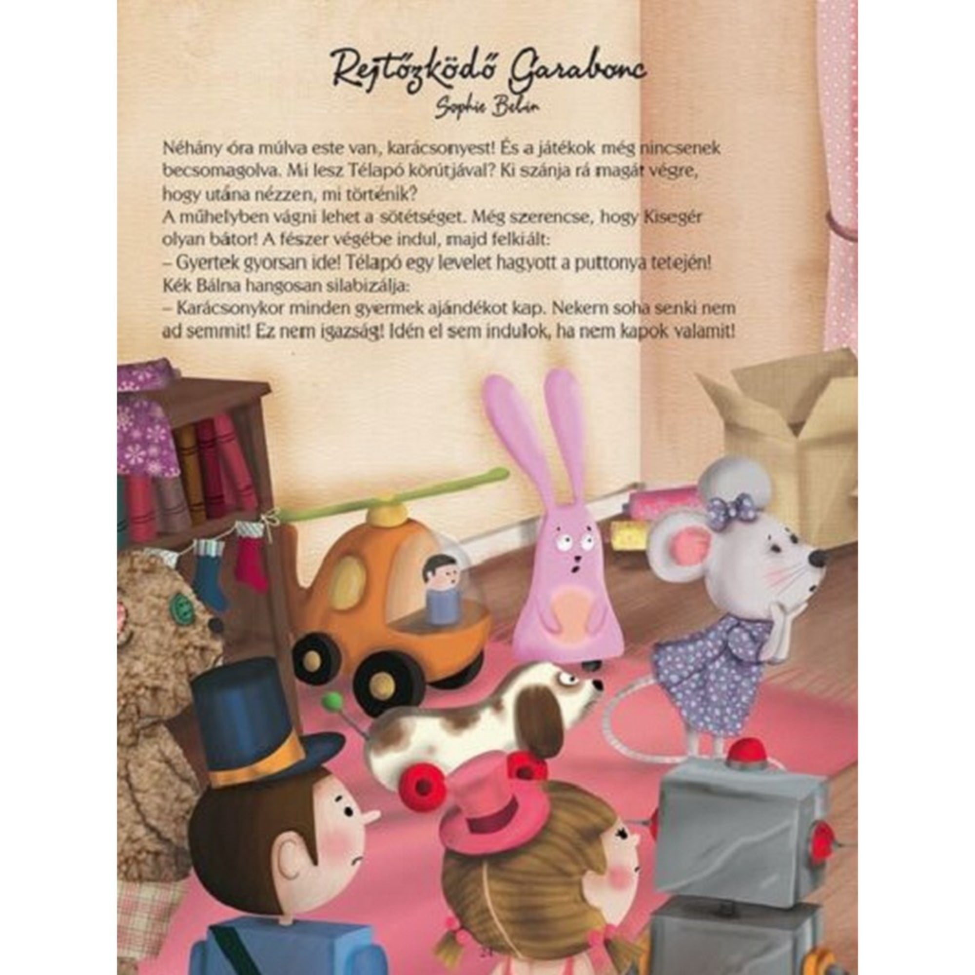 Gyönyörű karácsony – 24 mese belső oldal 1: Illusztrált oldal játékokkal teli műhelyben, ahol plüssállatok és babák várják a karácsonyi estét.