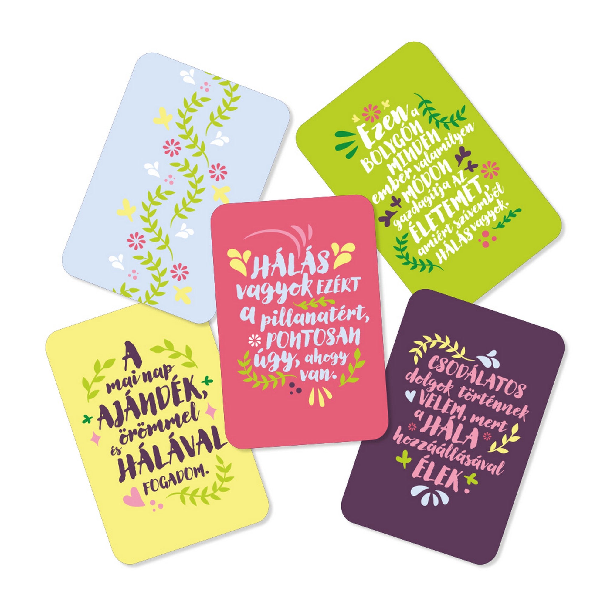 Hála megerősítések kártyák színes, pozitív idézetekkel és virágmintás, vidám dizájnnal.