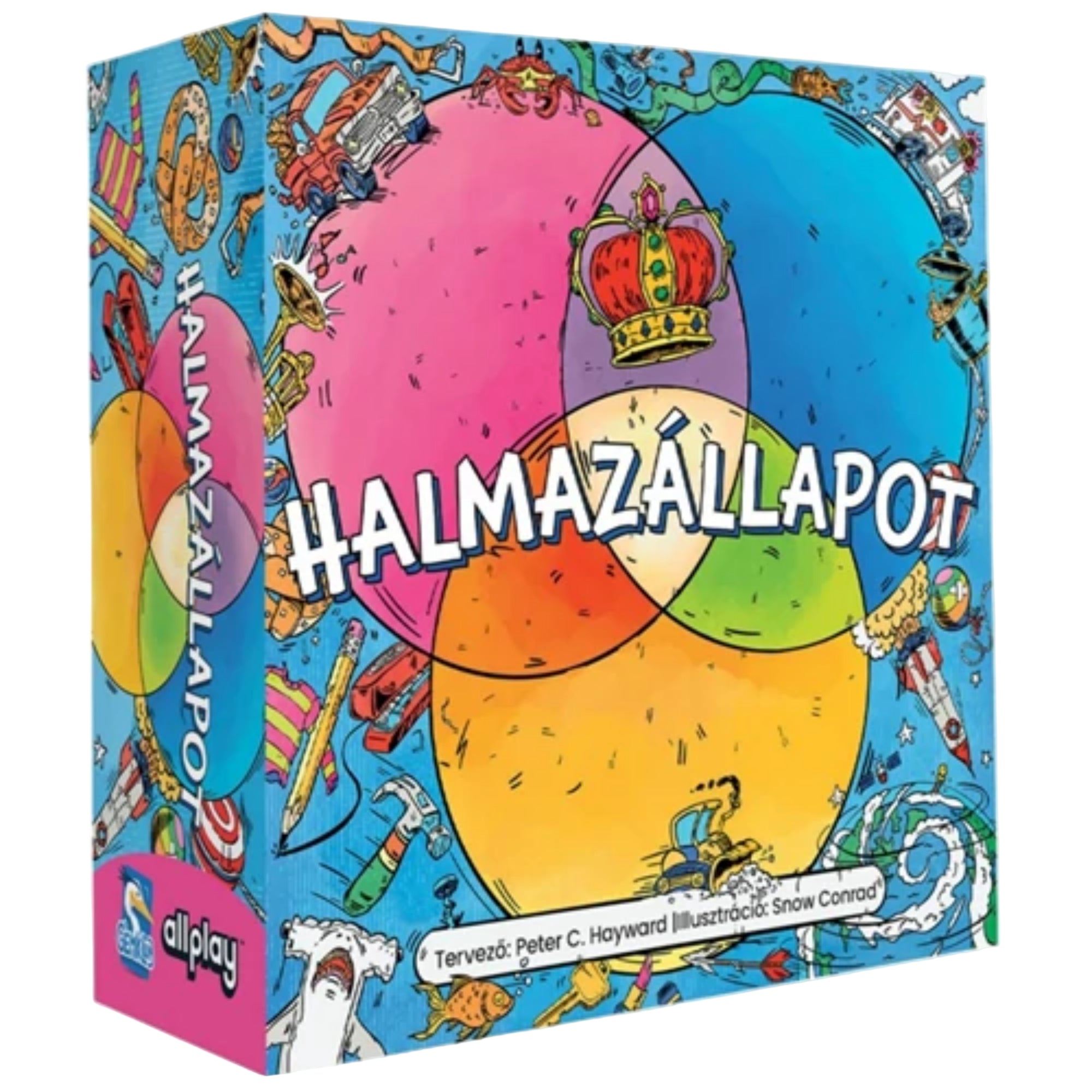 A Halmazállapot társasjáték élénk, színes illusztrációkkal díszített doboza, középen nagy Halmazállapot felirattal és a négy metsző halmazt ábrázoló grafikai elemmel.