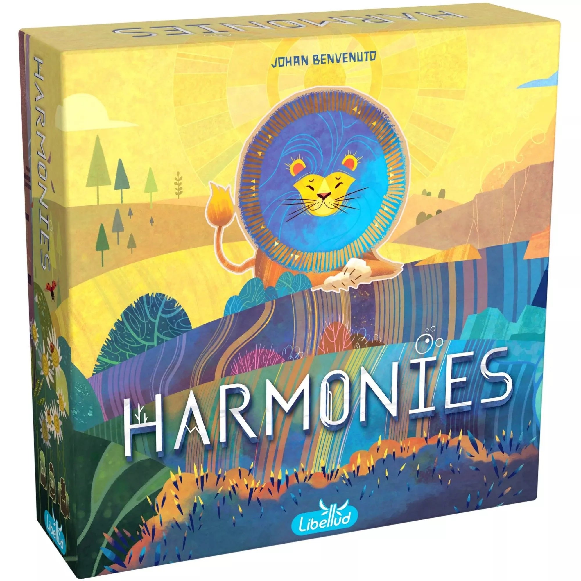 A Harmonies társasjáték doboza, amelyen mosolygó oroszlán látható színes, napsütéses tájon.