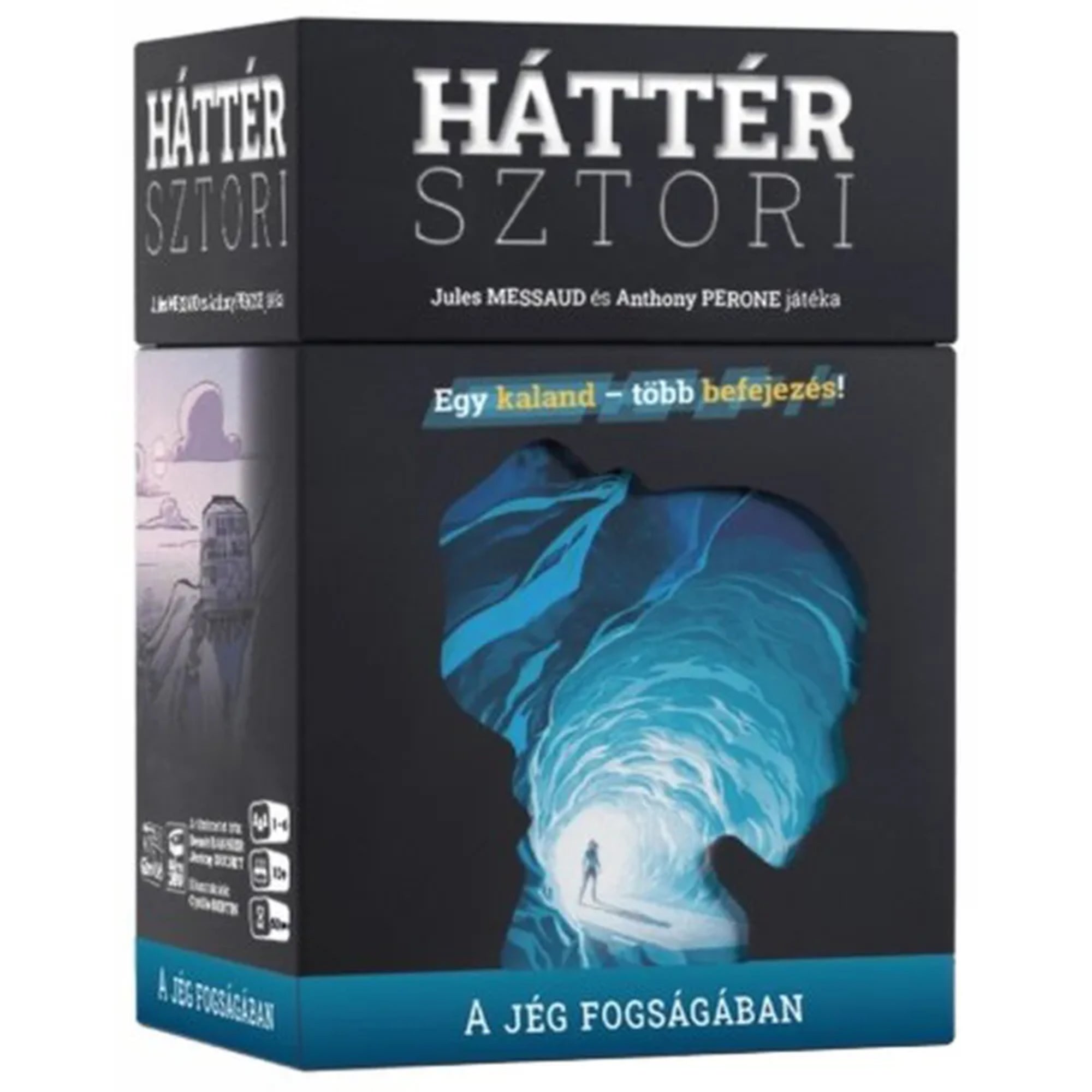 Ez a kép a Háttér sztori: A jég fogságában társasjáték dobozát mutatja. A doboz sötét dizájnt kapott, amelynek közepén egy különleges, kivágott sziluett formájú ablakon keresztül látható egy jégbarlangba vezető út, ahol egy magányos figura épp felfedezőútra indul. A „Egy kaland – több befejezés!” szlogen izgalmas, többszálú történetre utal, ahol a játékosok döntései befolyásolják a végkifejletet. 