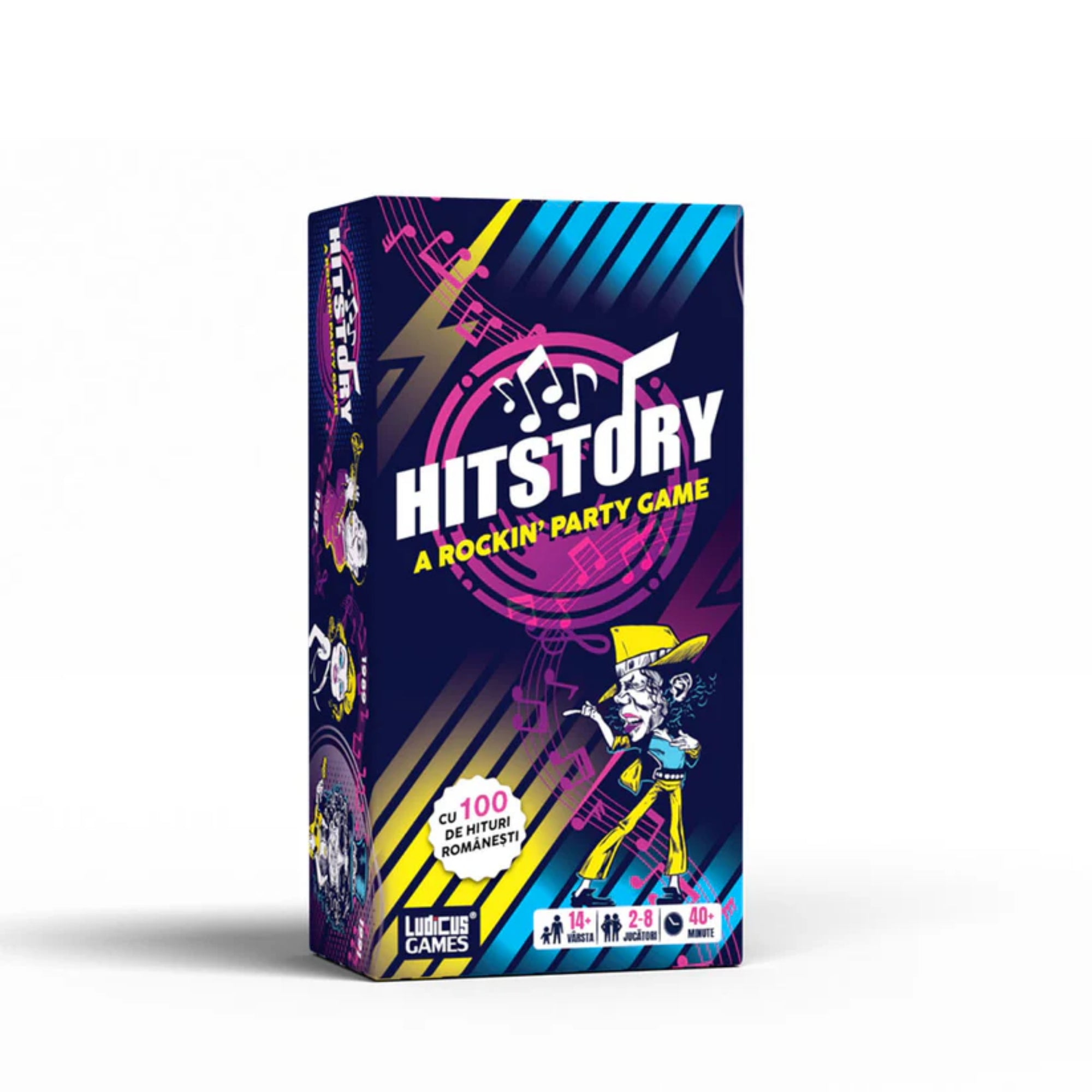HitStory társasjáték román kiadásának doboza élénk grafikai elemekkel és „CU 100 DE HITURI ROMÂNEȘTI!” felirattal, zenés parti hangulattal.
