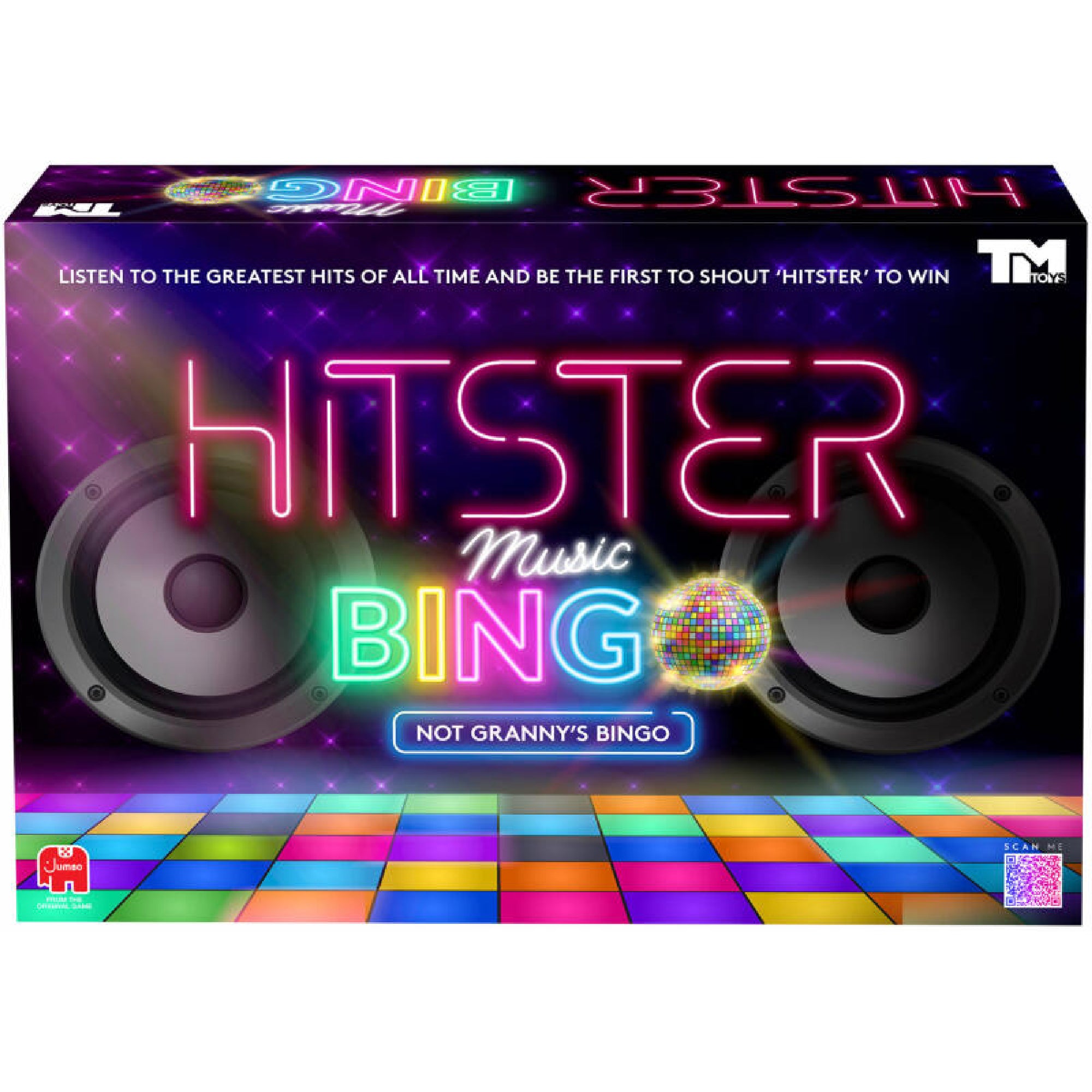 Hitster Music Bingo társasjáték doboza, neonfényes logóval, hangszórókkal és színes táncparkettás dizájnnal, a Jumbo kiadásában.