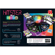 Hitster Music Bingo társasjáték hátlapja, amely bemutatja a játékmenetet: diszkógömb pörgetése, QR-kódos zenekártyák és pontozólapok használata