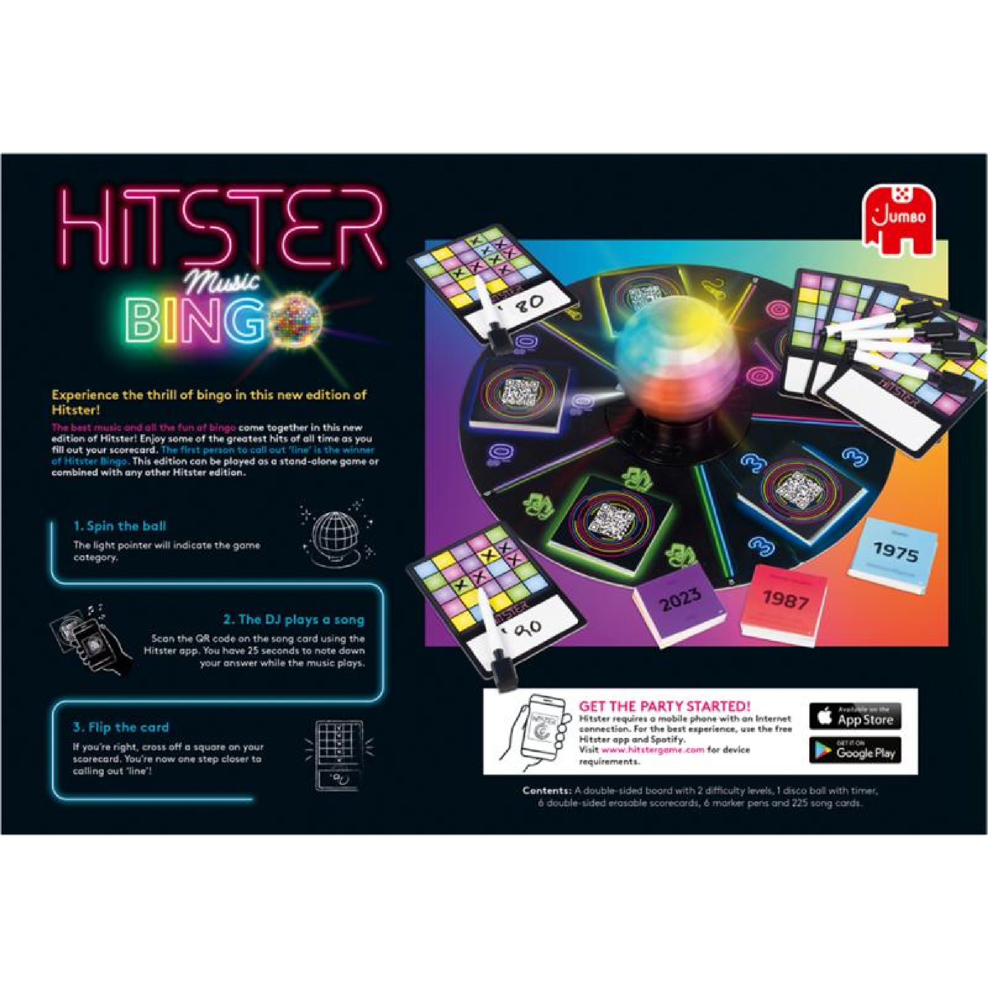 Hitster Music Bingo társasjáték hátlapja, amely bemutatja a játékmenetet: diszkógömb pörgetése, QR-kódos zenekártyák és pontozólapok használata