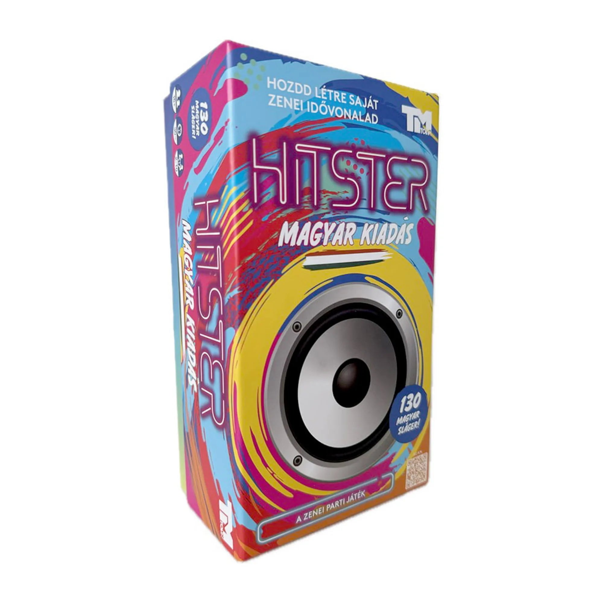 Hitster magyar slágerekkel társasjáték színes doboza elölnézetből, nagyméretű hangszóró grafikával, „Magyar kiadás” felirattal és modern, élénk dizájnnal