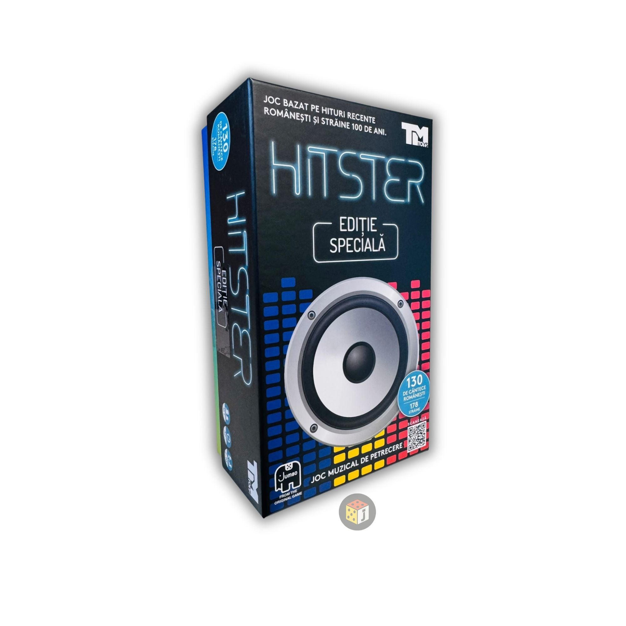 HITSTER – Speciális kiadás társasjáték doboza elölnézetből, nagy hangszóró grafikával, színes zenei sávokkal és modern dizájnnal.
