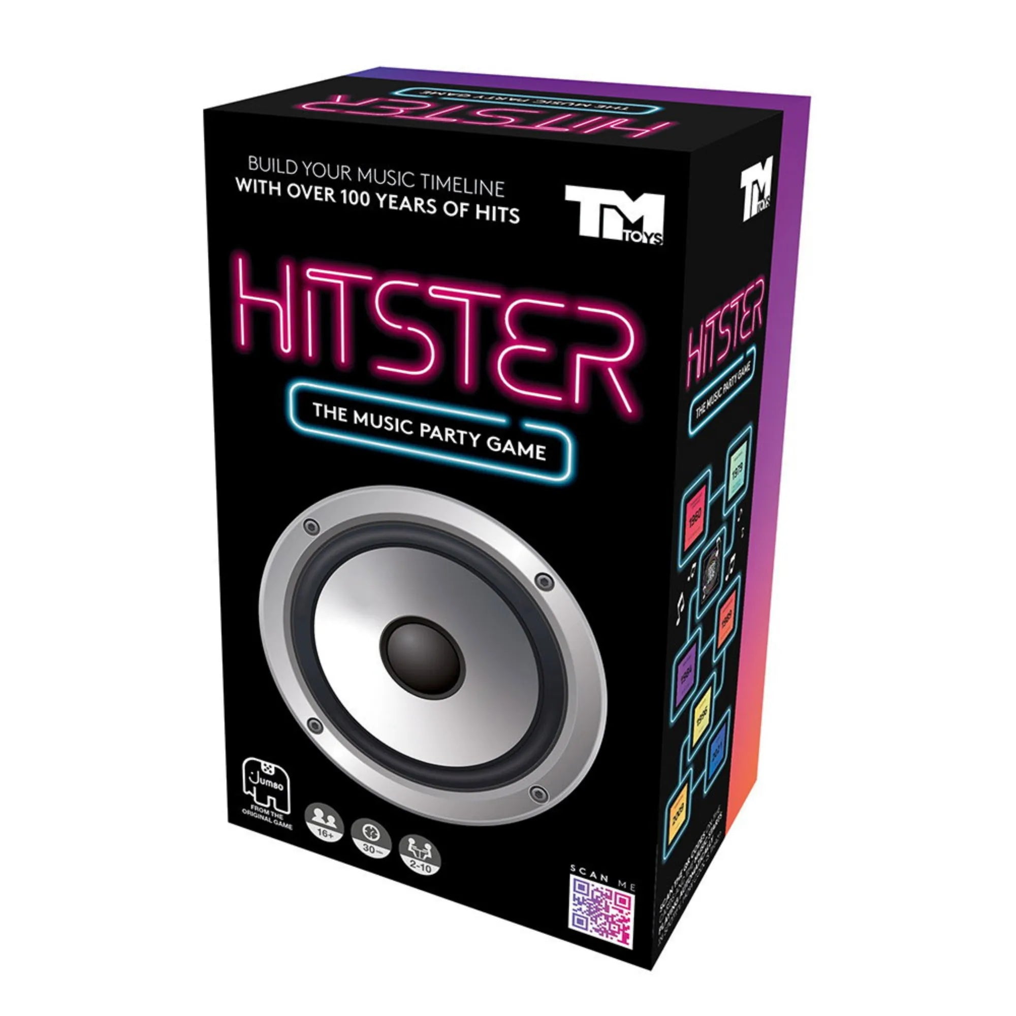 Hitster – The Music Party Game társasjáték doboza elölnézetből, fekete alapon színes neon logóval és hangszóró grafikával, több mint 100 év zenei slágereivel.