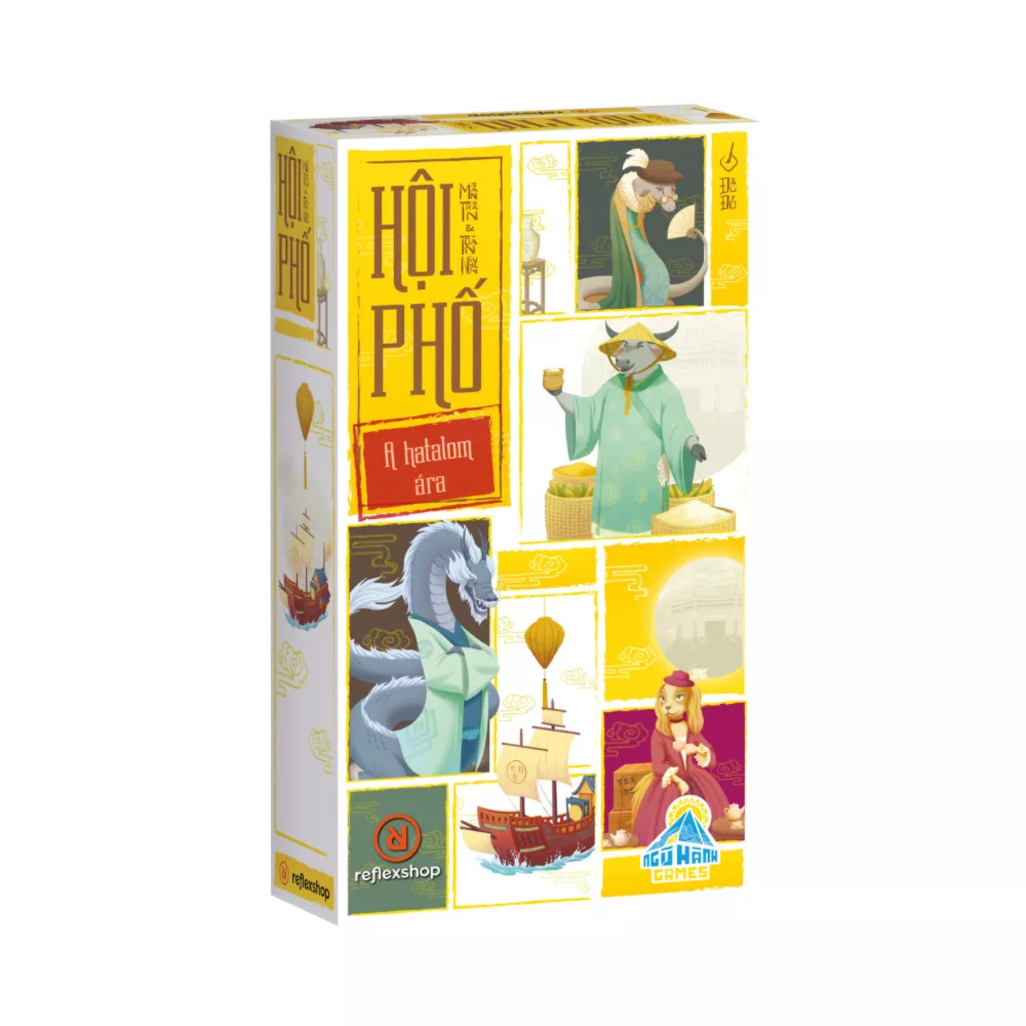 Hội Phố – A hatalom ára társasjáték doboza perspektívából, a borítón keleti hangulatú karakter- és sárkányillusztrációkkal.