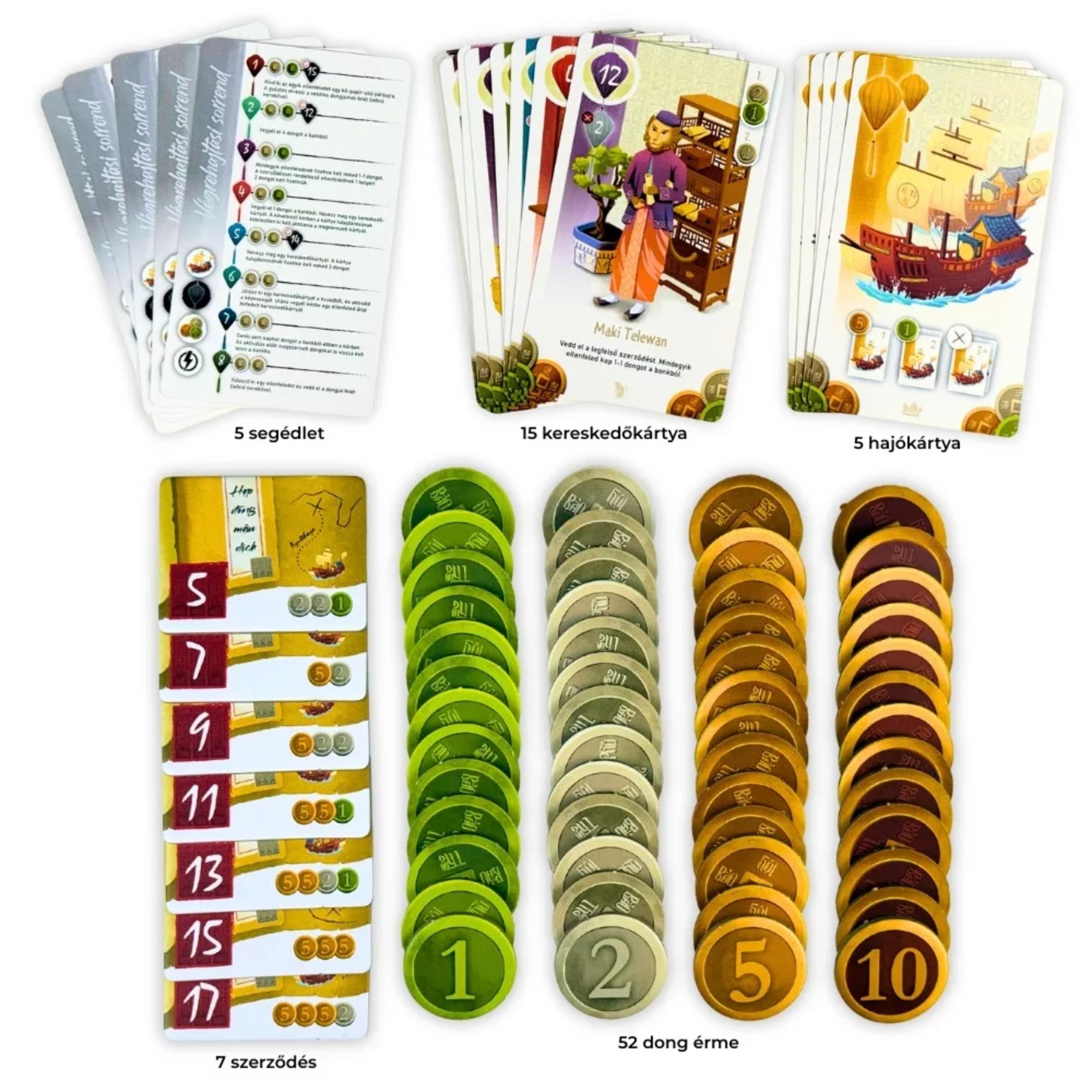 Hội Phố – A hatalom ára társasjáték tartalma: segédkártyák, kereskedőkártyák, hajókártyák, szerződéslapkák és dong érmék.
