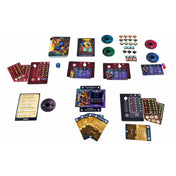 A Homályrév: Apró kalandok játék közbeni elrendezése: karakterlapok, akciókártyák, küldetéskártyák, jelölők és korongok az asztalon.