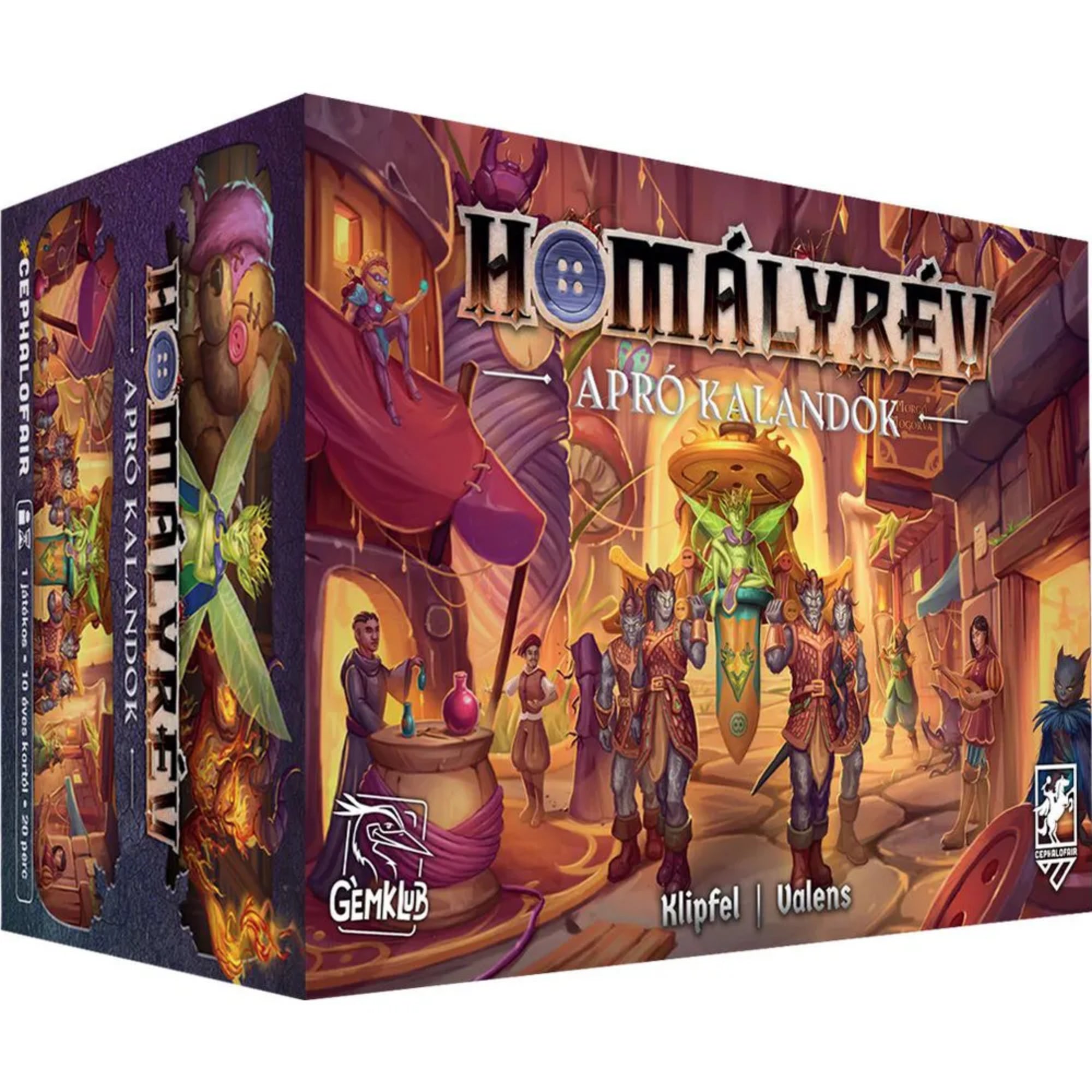 A Homályrév: Apró kalandok társasjáték színes, fantasy világot bemutató doboza, részletes illusztrációkkal és a hősök ábrázolásával.