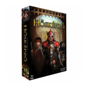 „Hősképző társasjáték doboza, rajta páncélos harcossal és két kalandozó karakterrel a kapu előtt.”