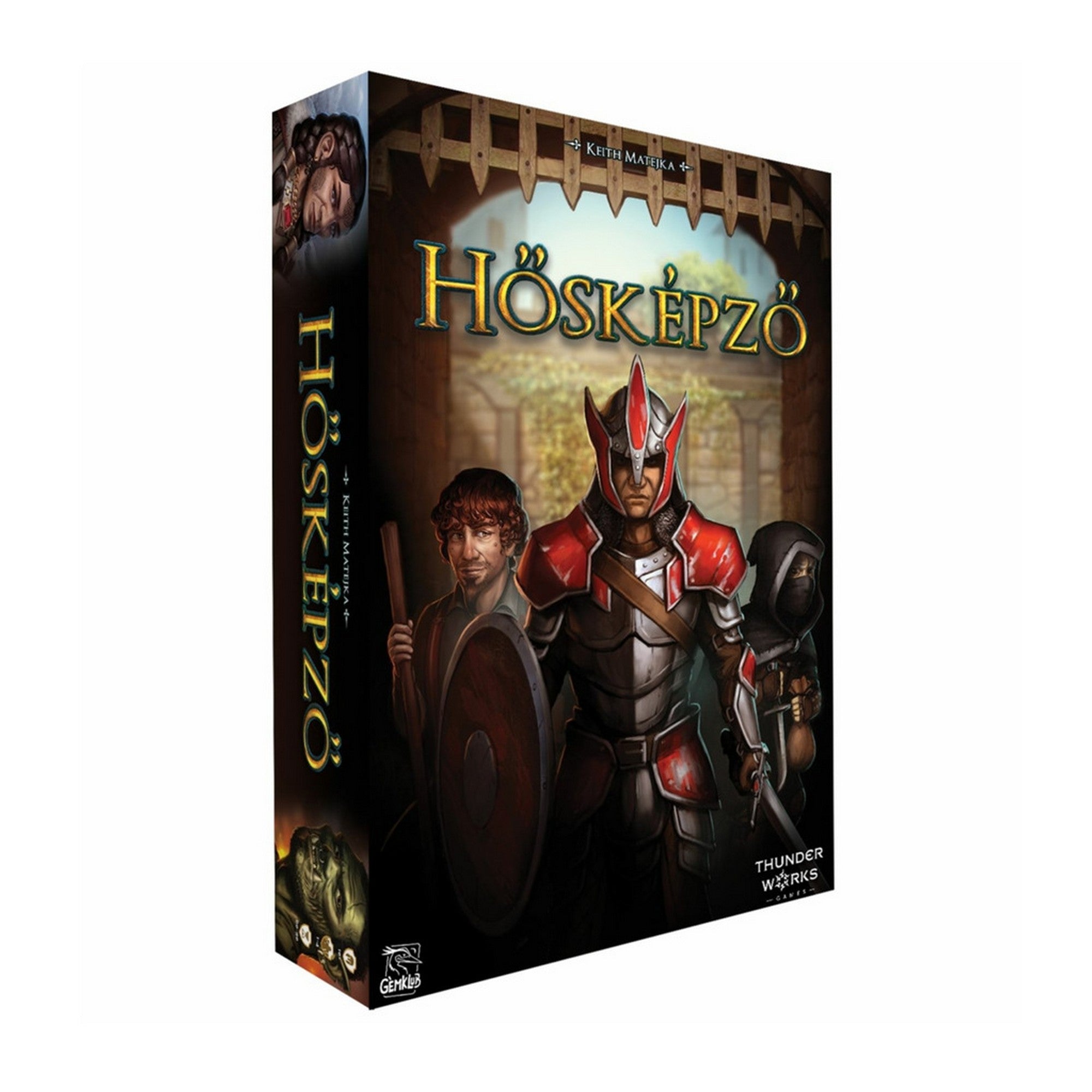„Hősképző társasjáték doboza, rajta páncélos harcossal és két kalandozó karakterrel a kapu előtt.”