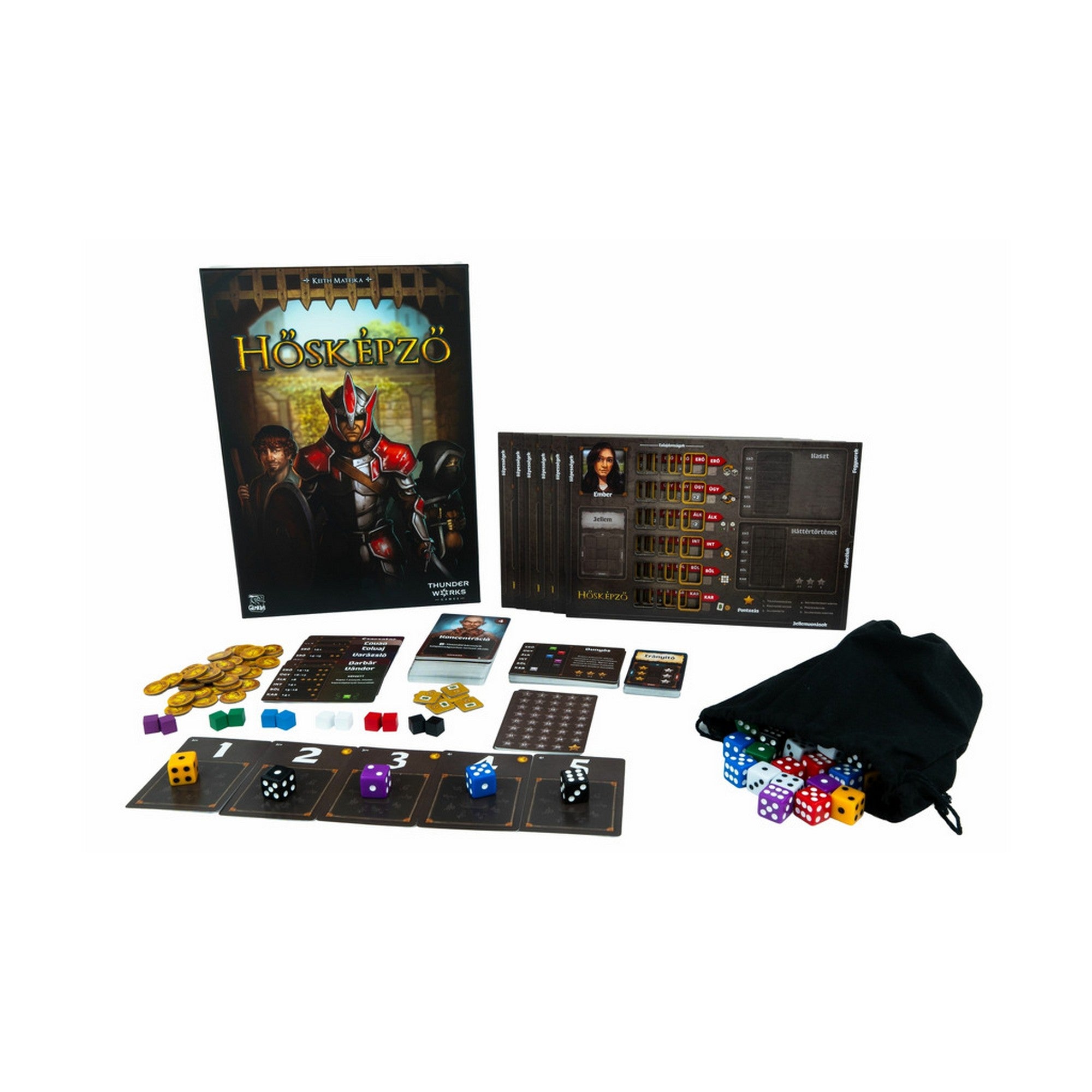 „Hősképző társasjáték teljes tartalma: doboz, táblák, kártyák, aranyérmék, dobókockák és fekete húzózsák.”