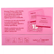 Hot Room magyar nyelvű társasjáték dobozának hátoldala, játékleírással, ikonokkal és játékmenet-információkkal, pároknak szóló 18+ erotikus szabadulószoba játékhoz.