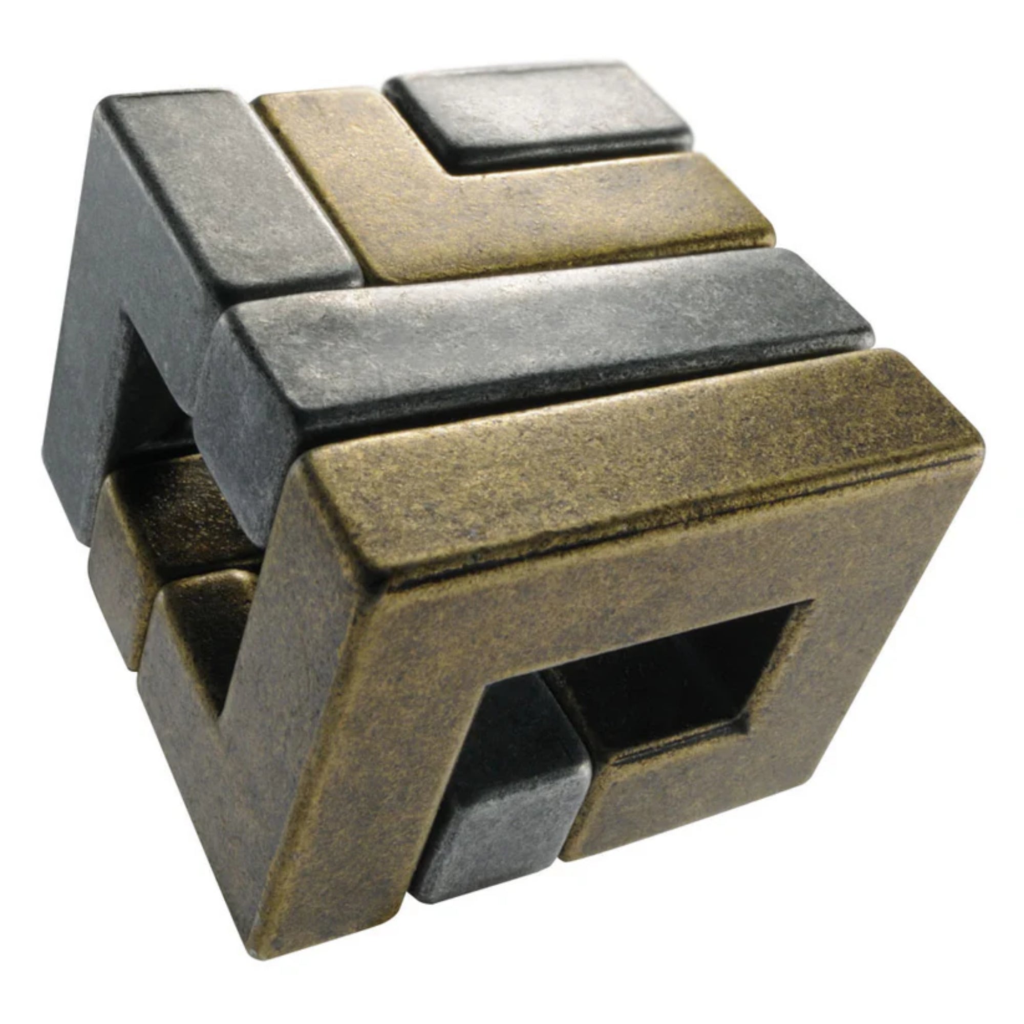 Kétféle színű, bronz és sötétszürke fém elemekből álló Huzzle Cast Coil logikai játék, kompakt kockaformára összeállítva.