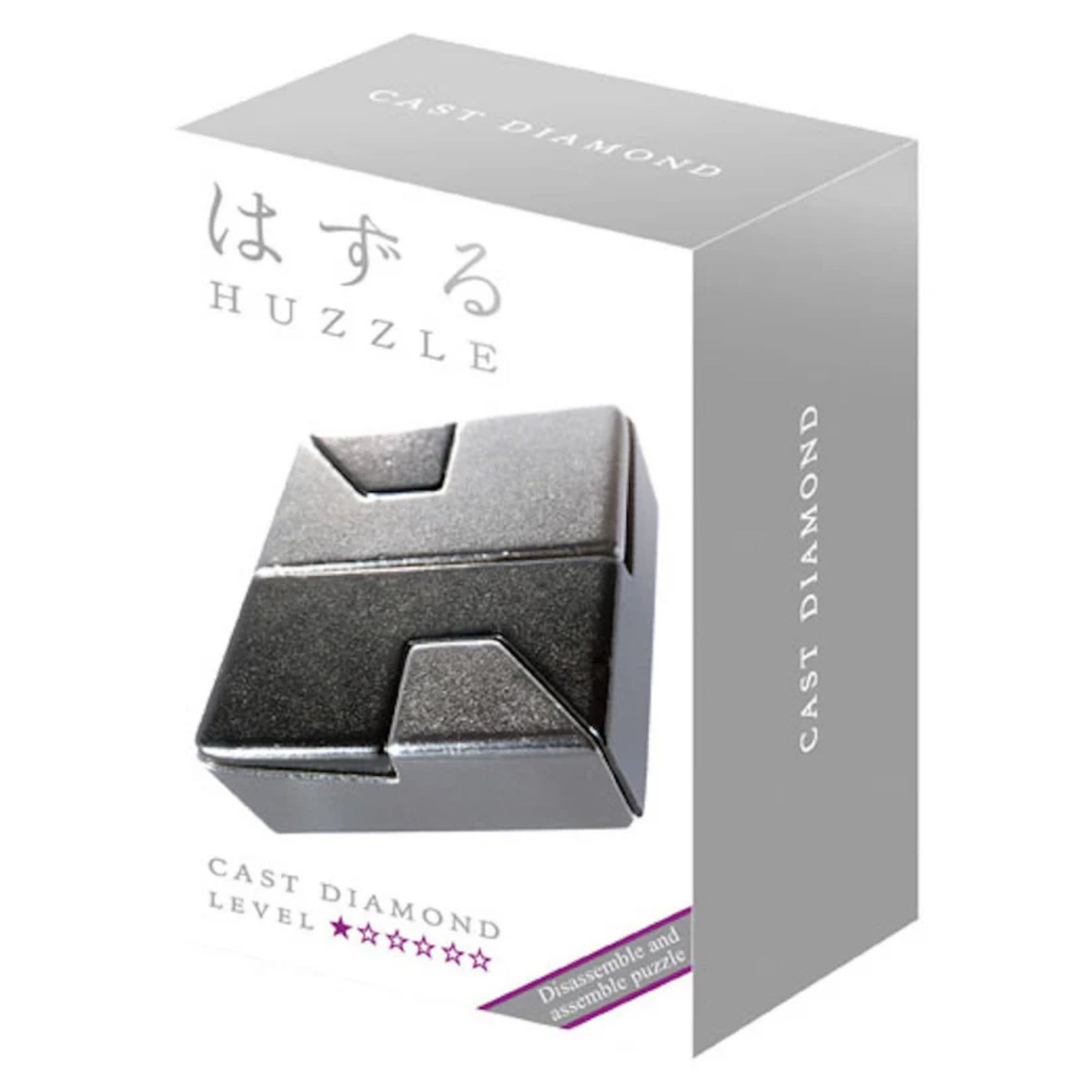 A Huzzle Cast DIAMOND eredeti csomagolása, rajta a játék képe, a japán Huzzle márkanév és a nehézségi szintet jelző csillagok.