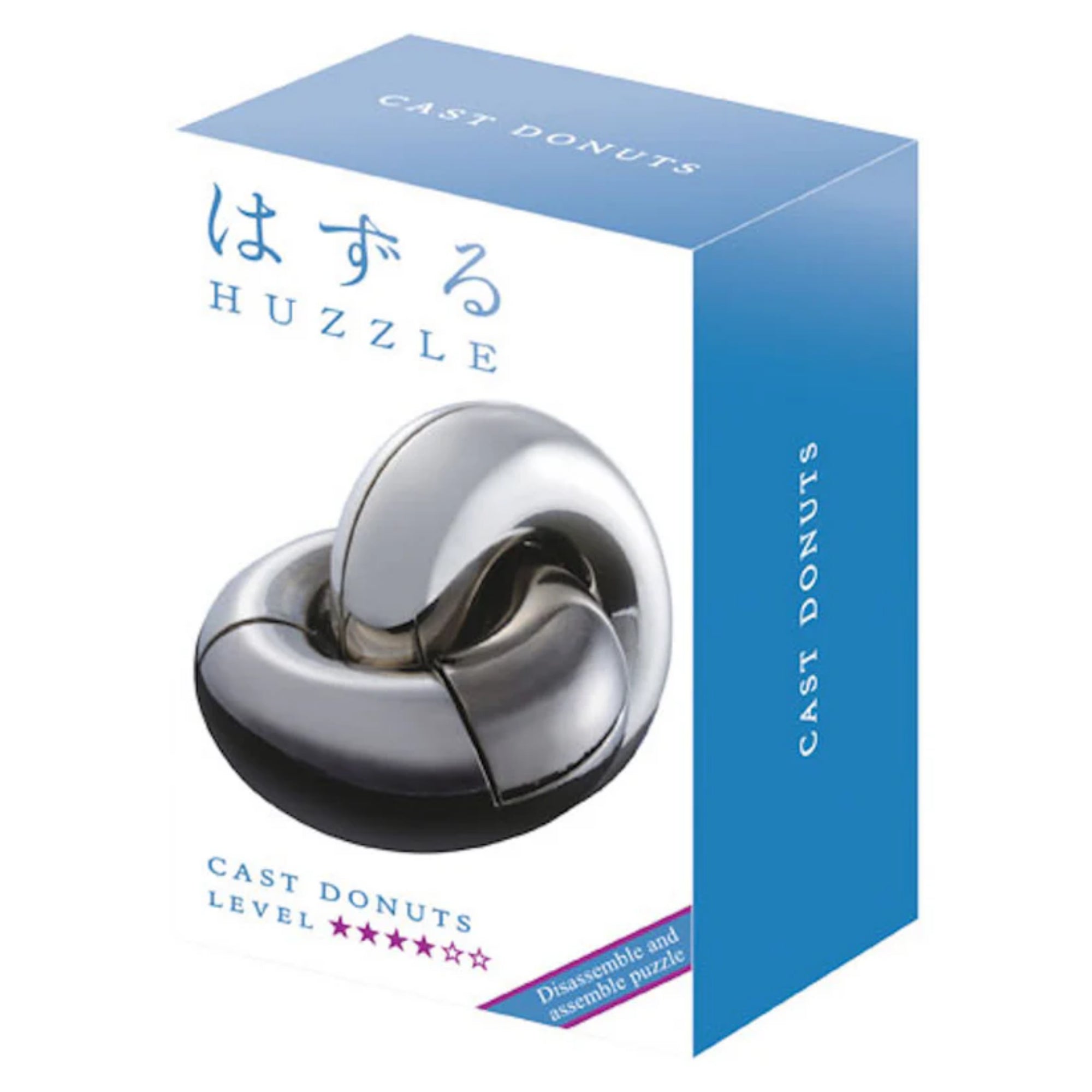 A Huzzle Cast Donuts logikai játék díszdoboza, amelyen a csillogó, összekapcsolódott fémdarabokból álló gyűrű látható, kék-fehér színvilágú csomagoláson.