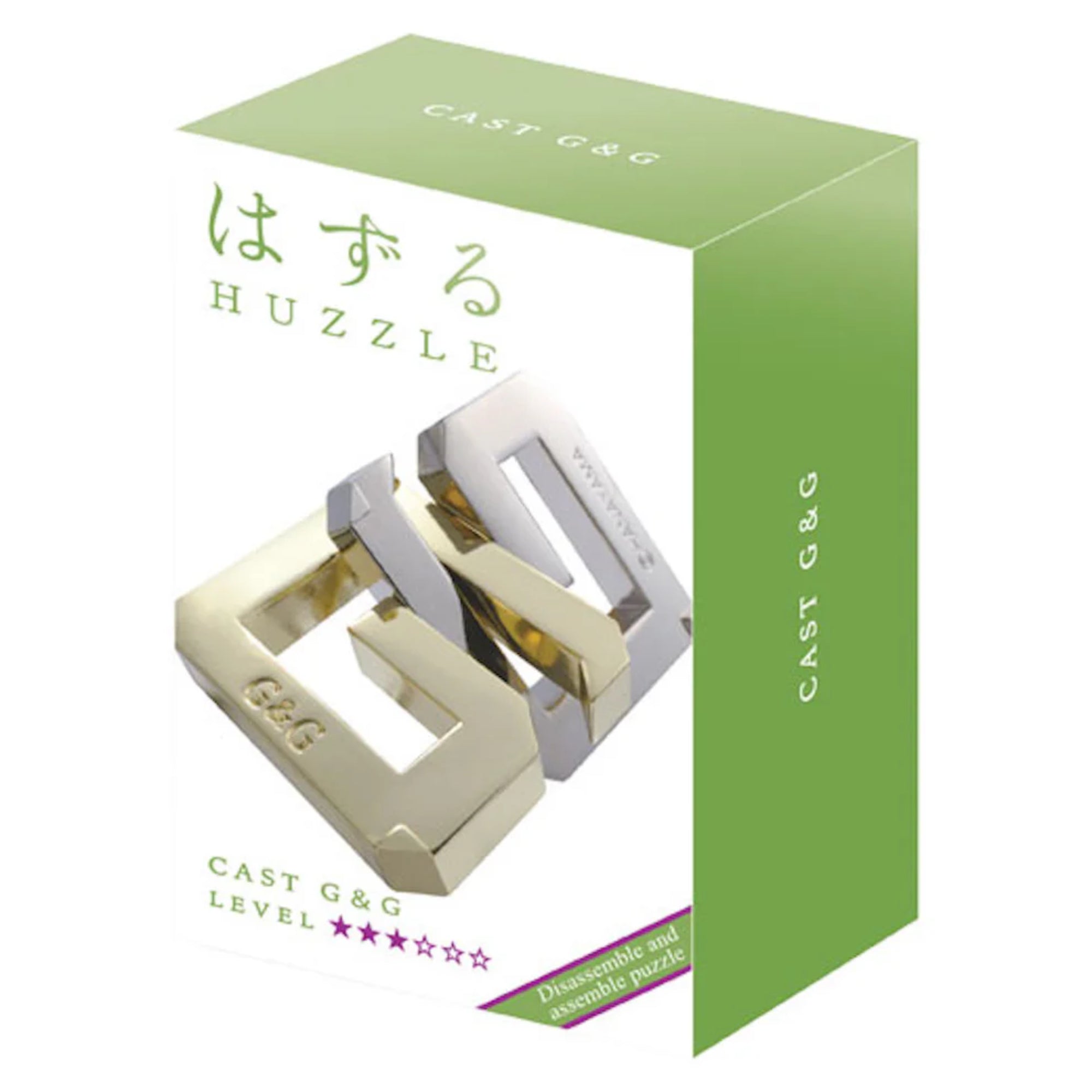 A Huzzle Cast G&G doboza zöld-fehér dizájnnal, az előlapján a kirakó képe, japán és angol felirattal, valamint az 1-es nehézségi szintet jelző csillagokkal.