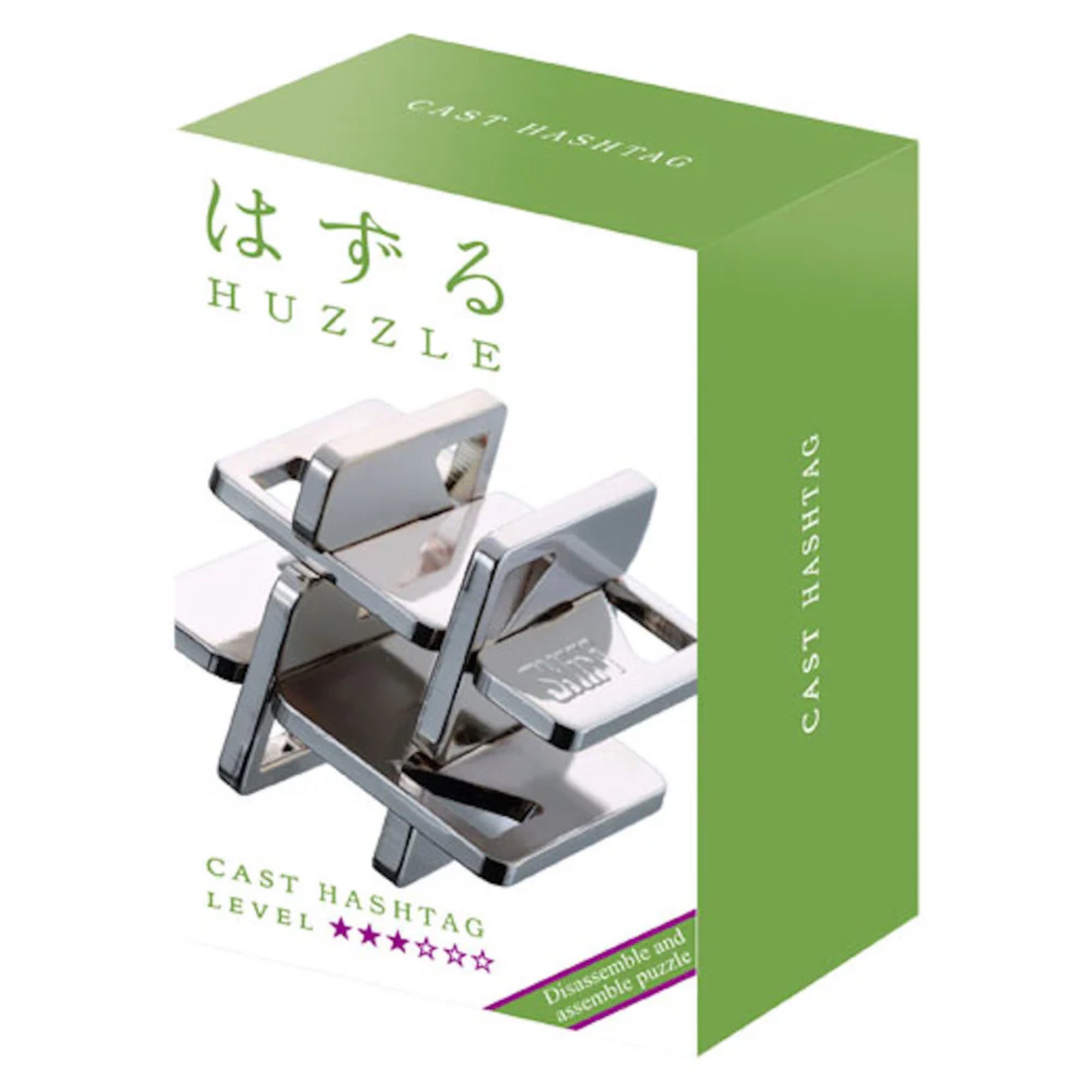 A Huzzle Cast HASHTAG logikai játék zöld-fehér doboza, amelyen a fémből készült puzzle összeszerelt állapotban látható.