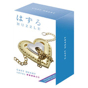 A Huzzle Cast HEART kirakós kék-fehér színű doboza, amelyen a nehézségi szint és a szív alakú fém puzzle láncokkal látható.