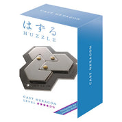 A Huzzle Cast HEXAGON logikai játék kék-fehér csomagolása, amelyen a kirakott puzzle és a nehézségi szint is látható.